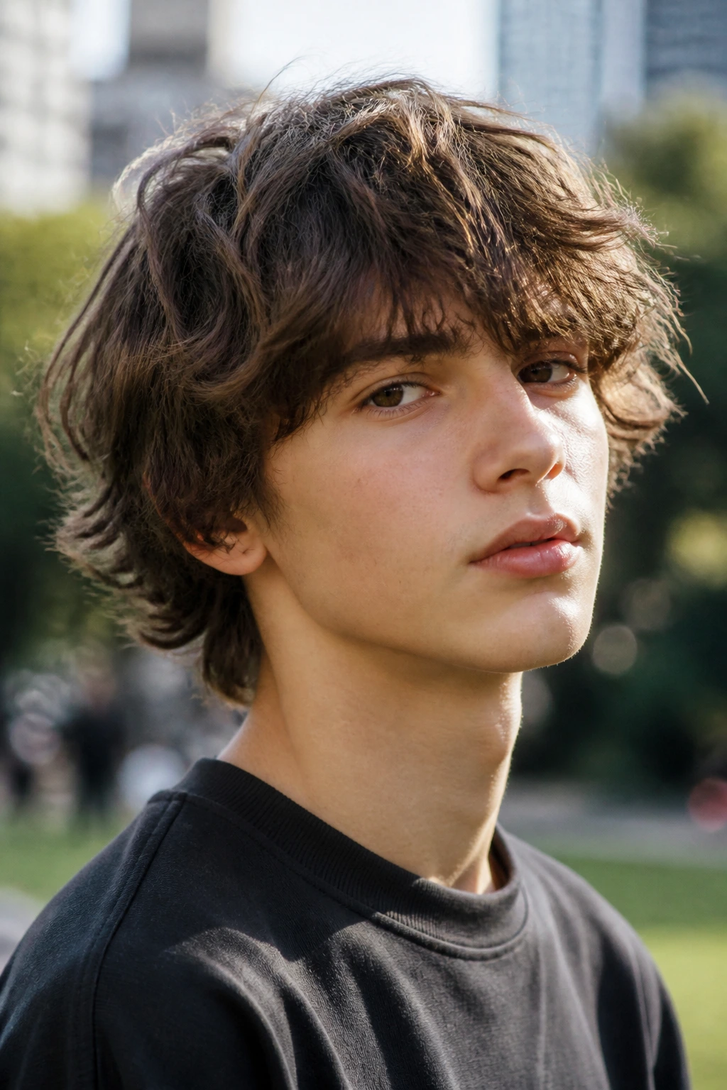 Boy with textured mop cut in a park showing shaggy fringe and waves