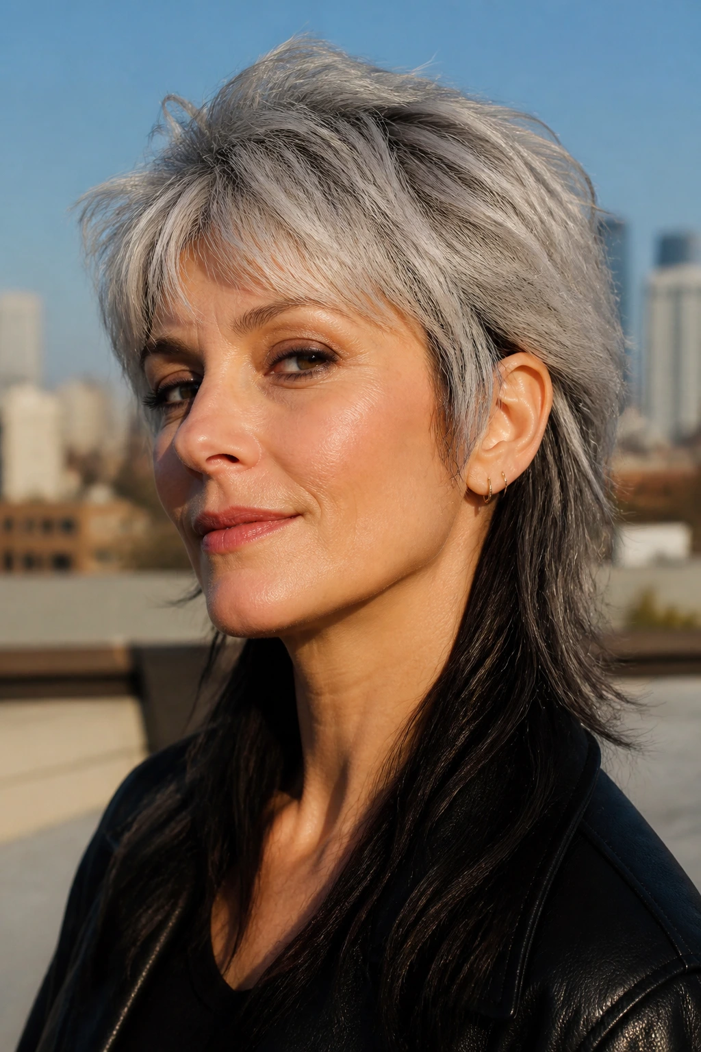 Close-up of a real woman with a textured mullet and charcoal underside.