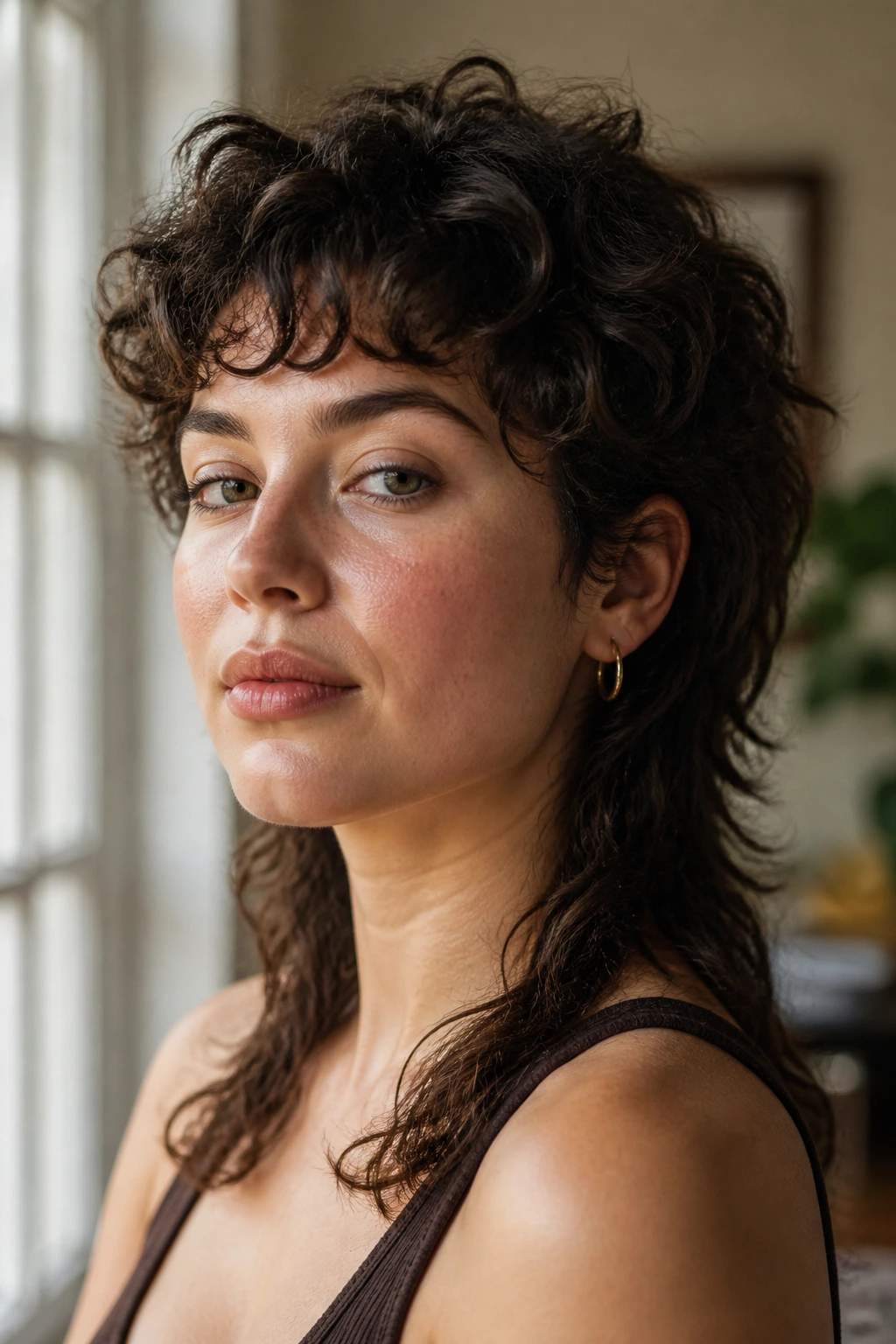 Close-up portrait of a person with a textured curly mullet showing short front and longer back.