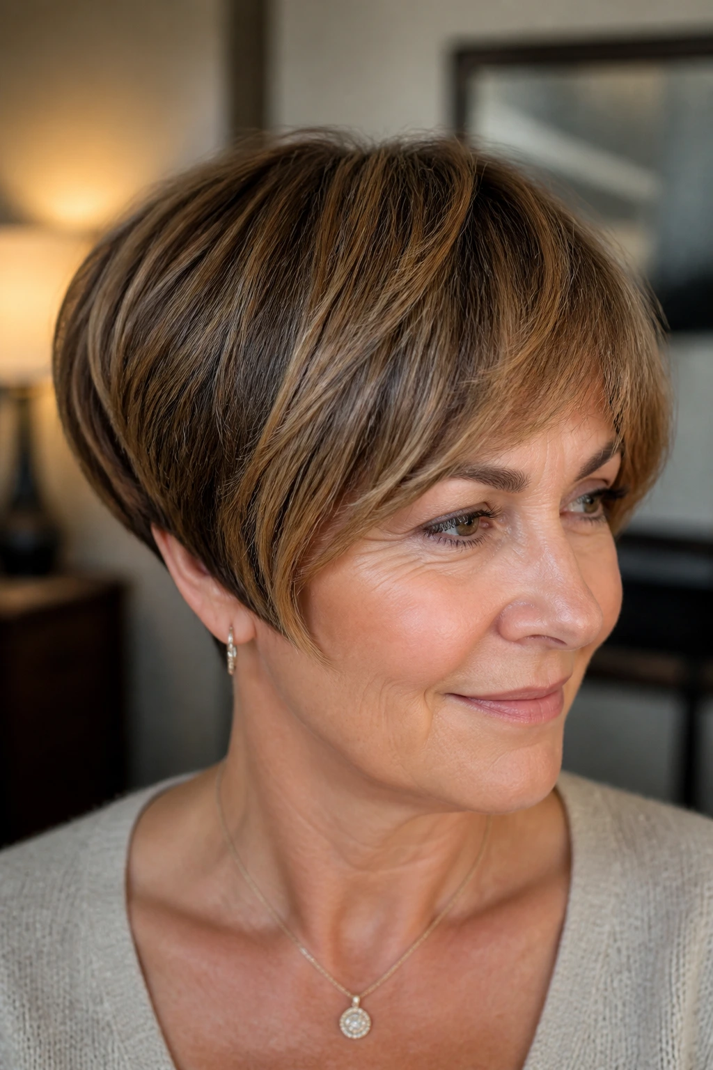 Close-up of a woman with a textured mushroom bob featuring caramel highlights at the front and interior layers