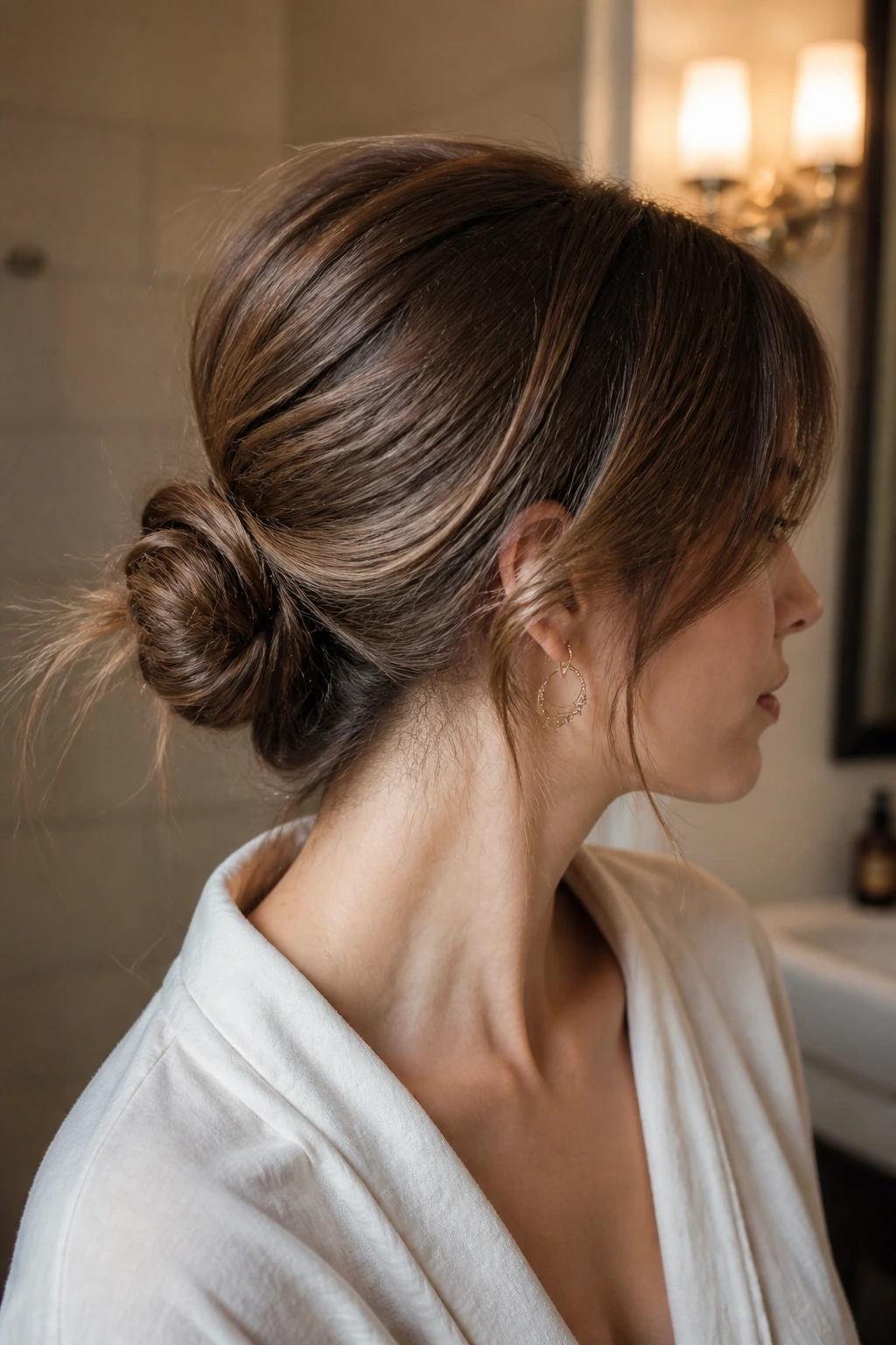 Close-up portrait of a woman with a textured nape knot at the nape