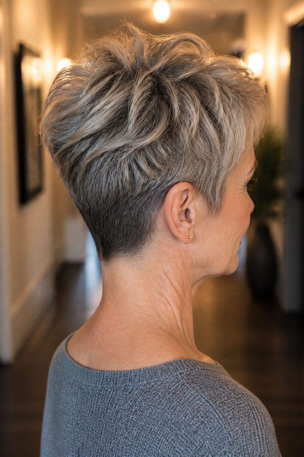 Close-up of a real woman highlighting a textured nape pixie and clean neckline