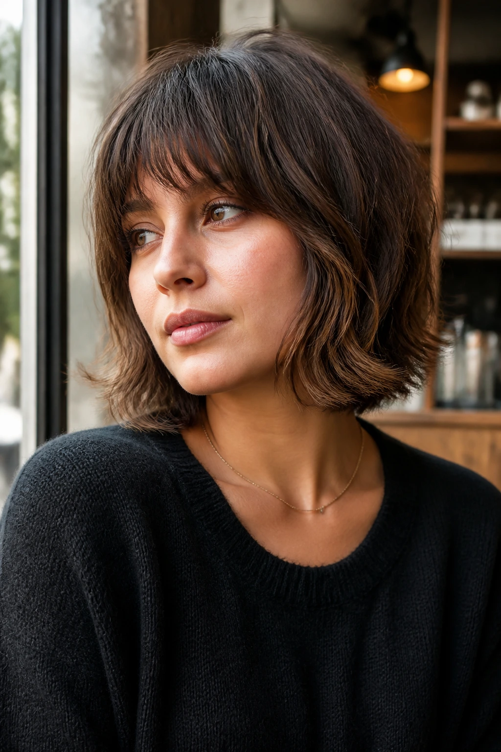 Real woman with a textured pageboy shag just below the chin, ambient cafe light