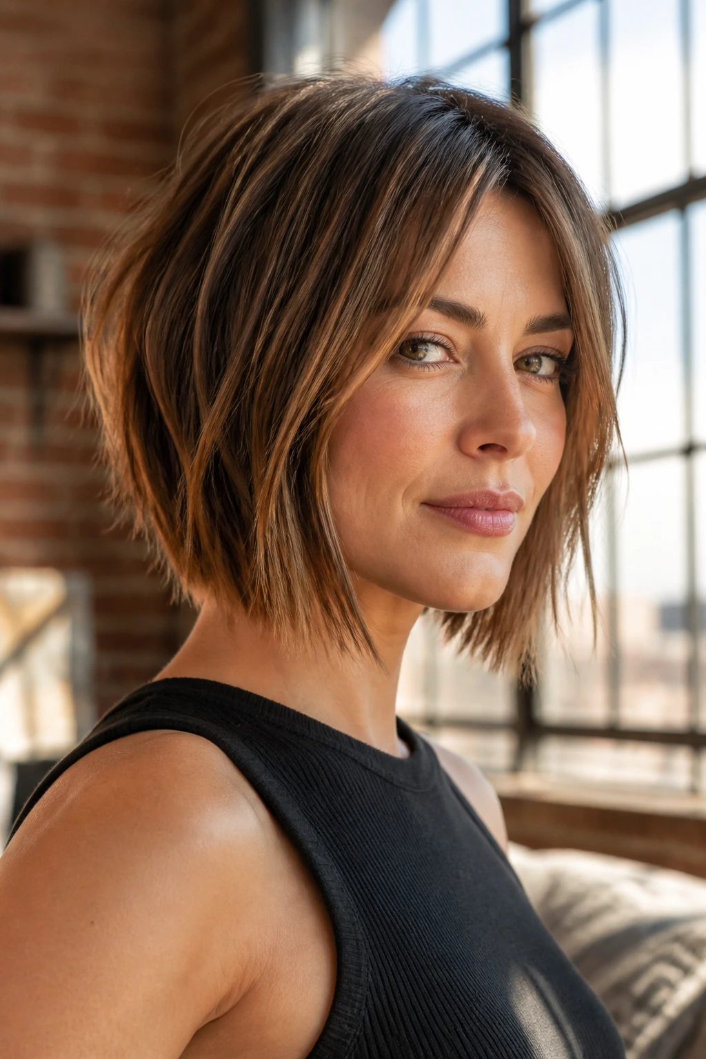 Real woman wearing a textured piecey A-line bob with visible end texture.