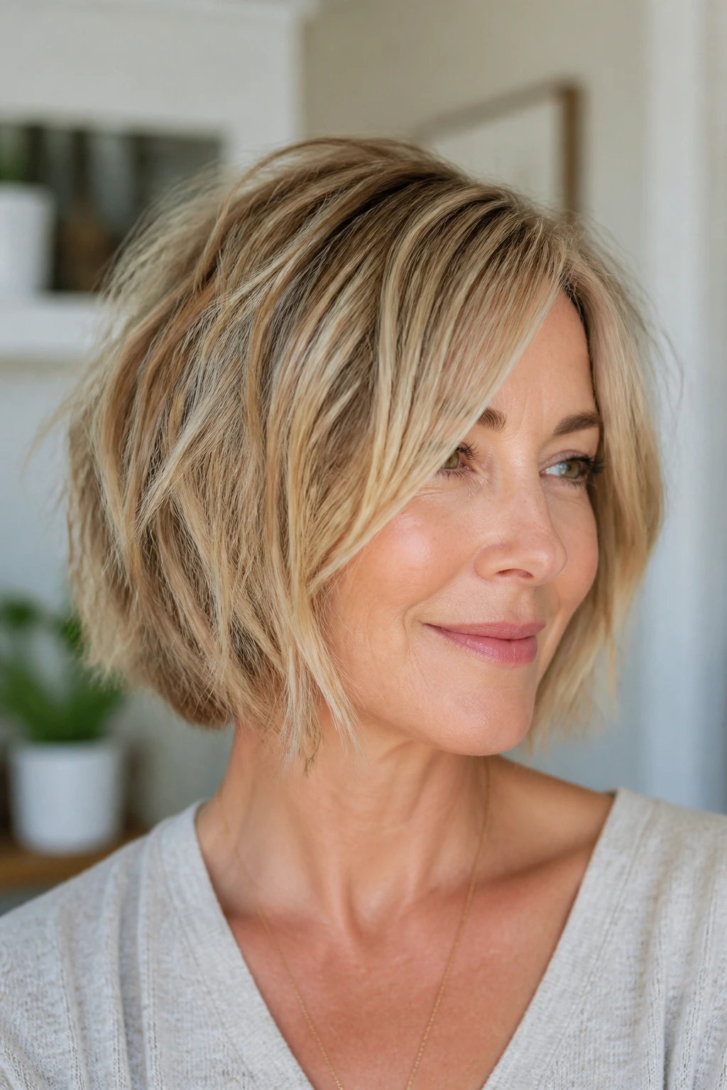 Close-up of a woman with a textured piecey bob showing movement.