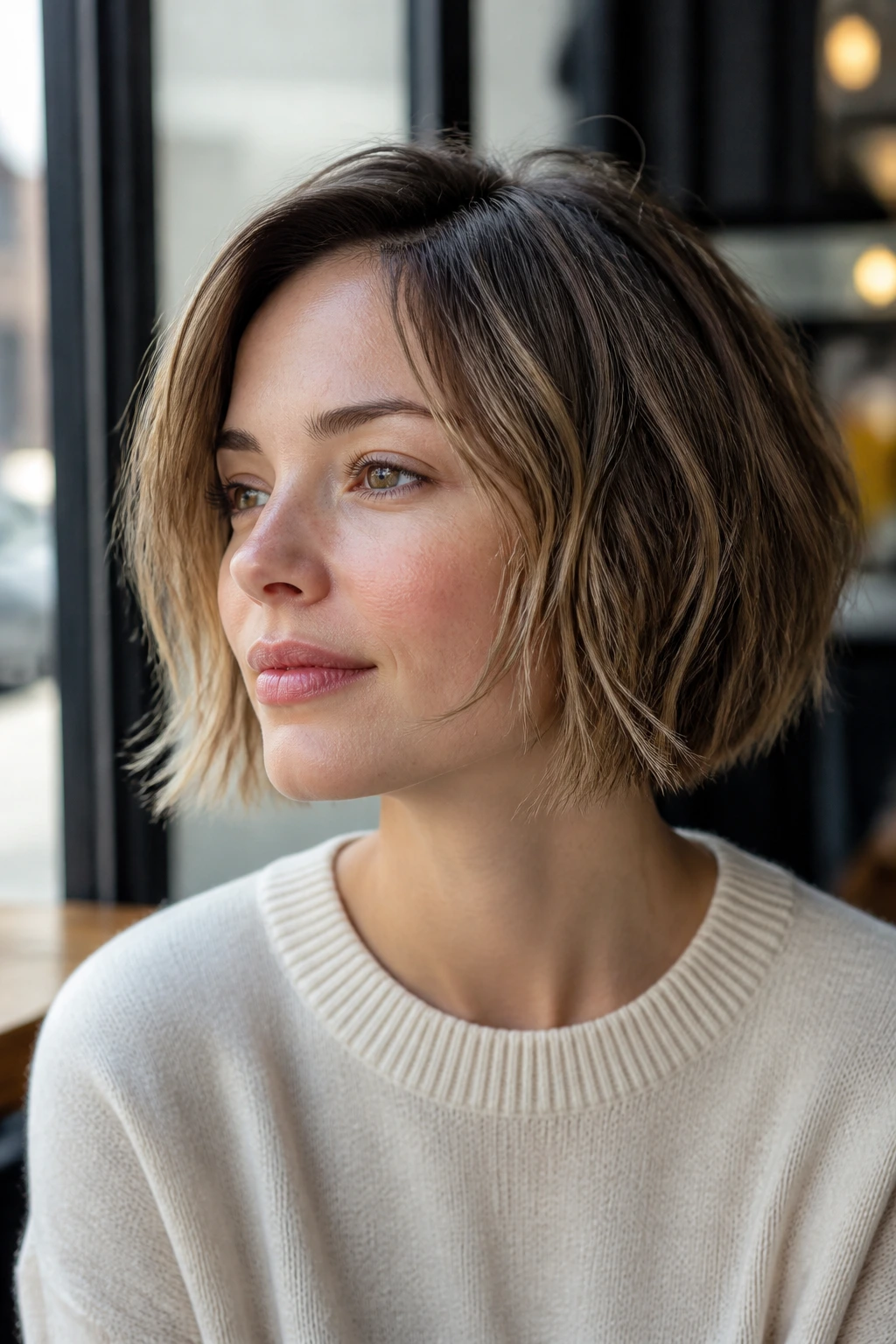 Close-up of a woman with a textured piecey bob showing controlled texture and movement.
