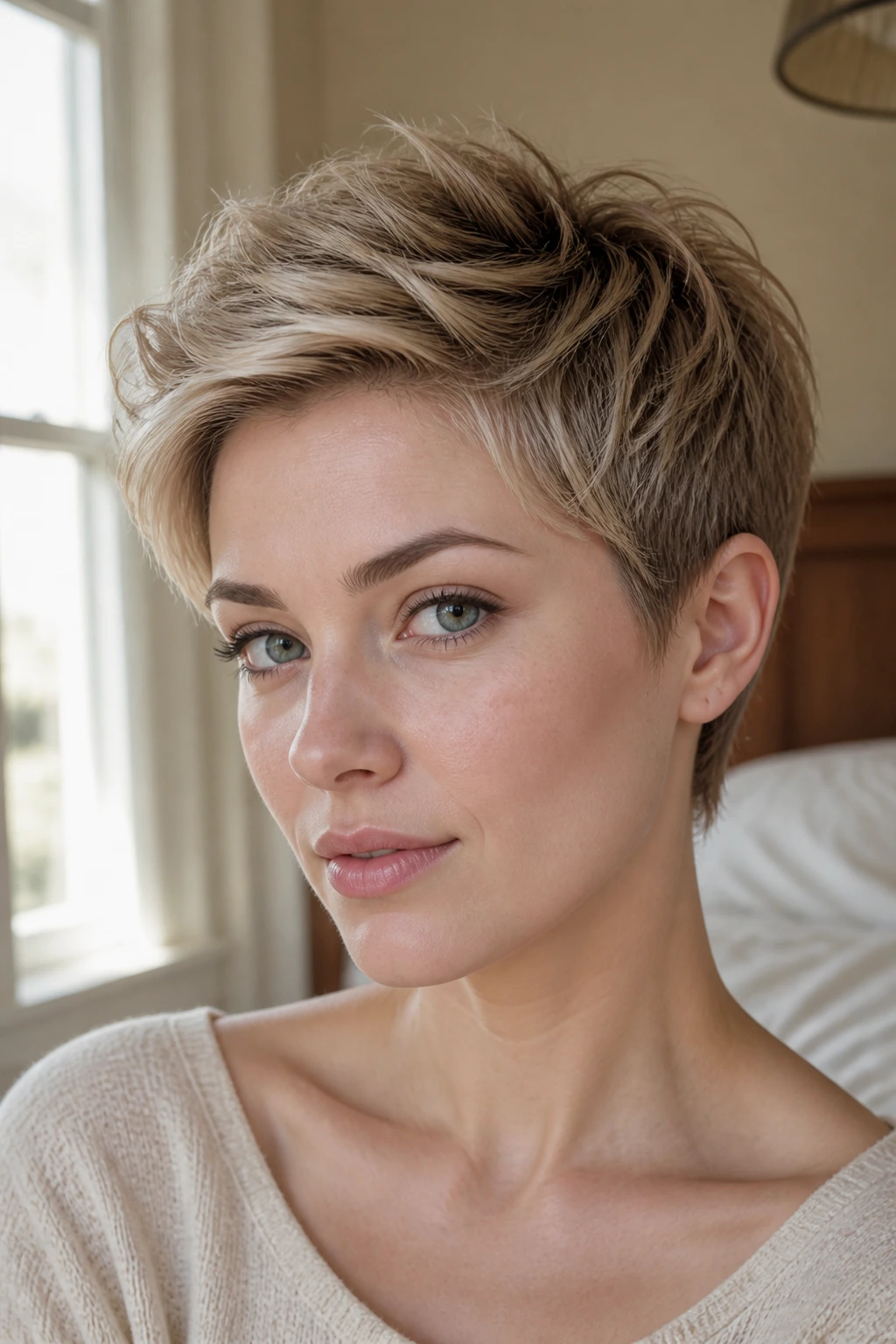 Close-up portrait of a woman with a textured pixie and crown lift in beige blonde.