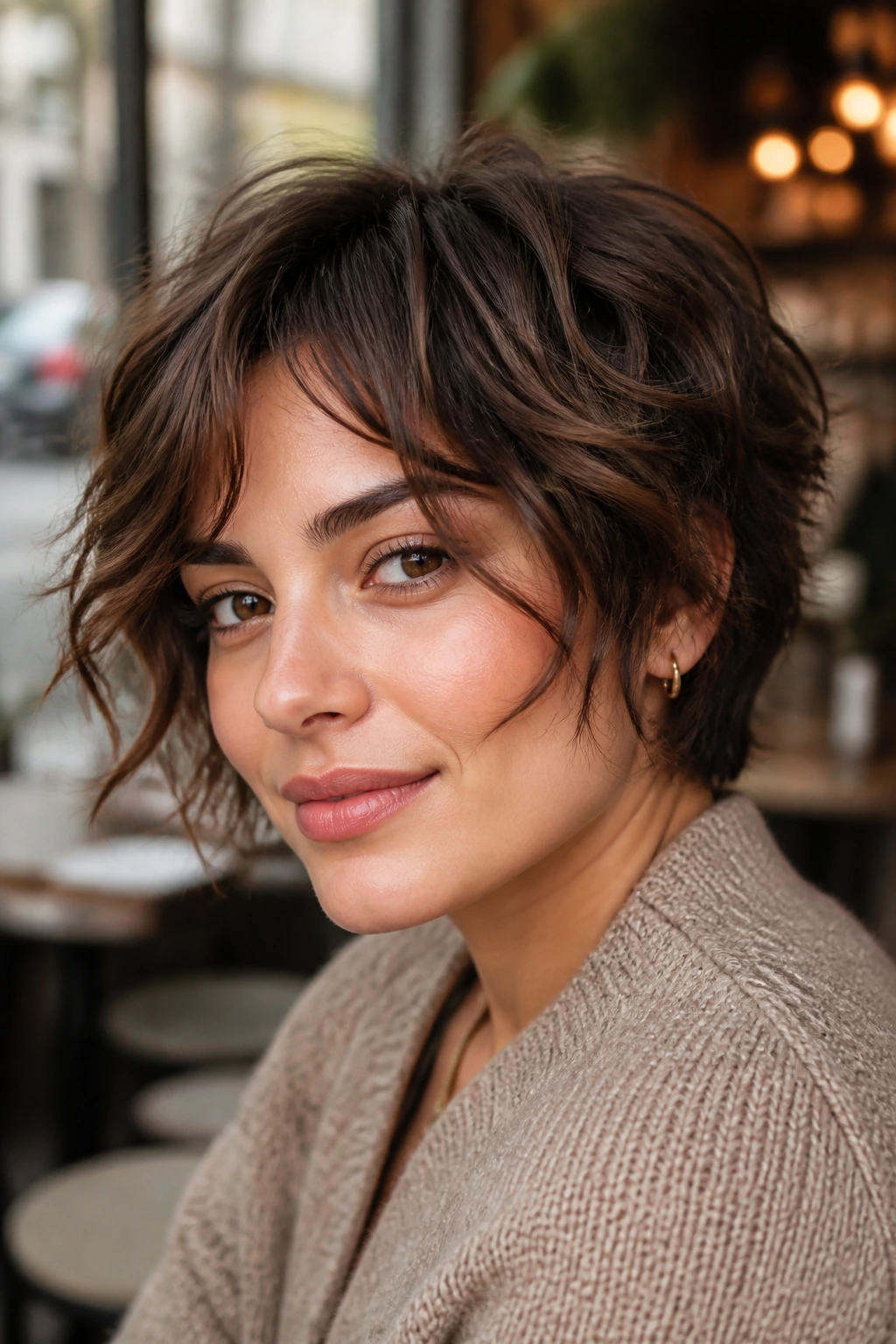 Close-up portrait of a real woman with a textured pixie bob.