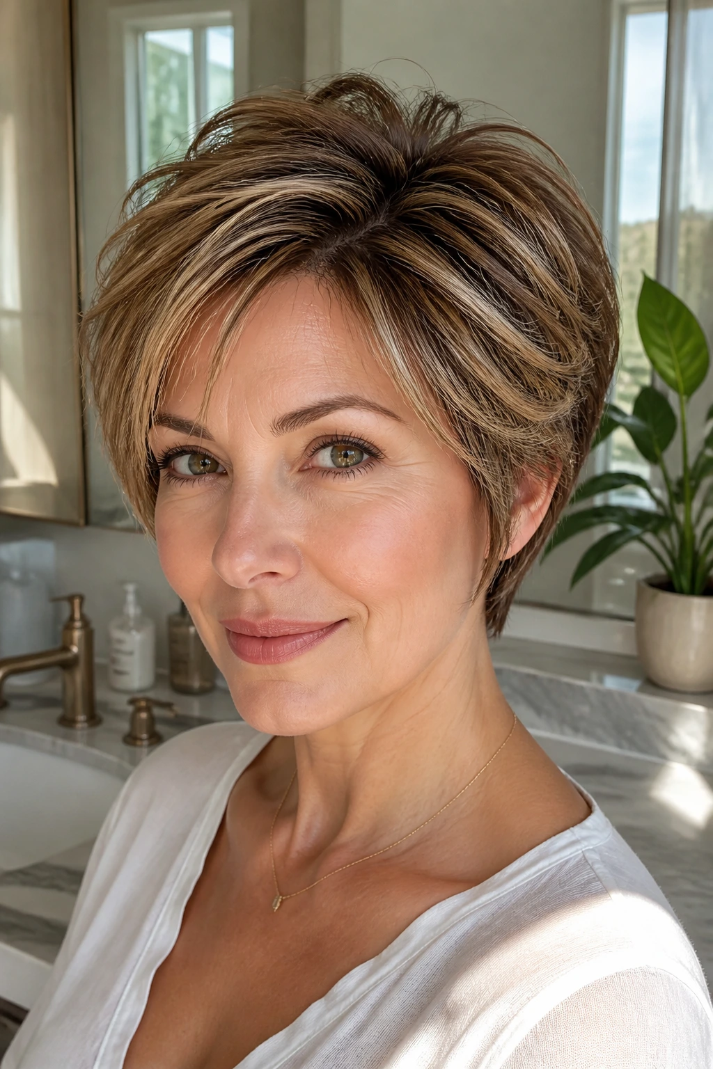 Close-up of a real woman with a textured pixie bob and crown lift, caramel highlights.