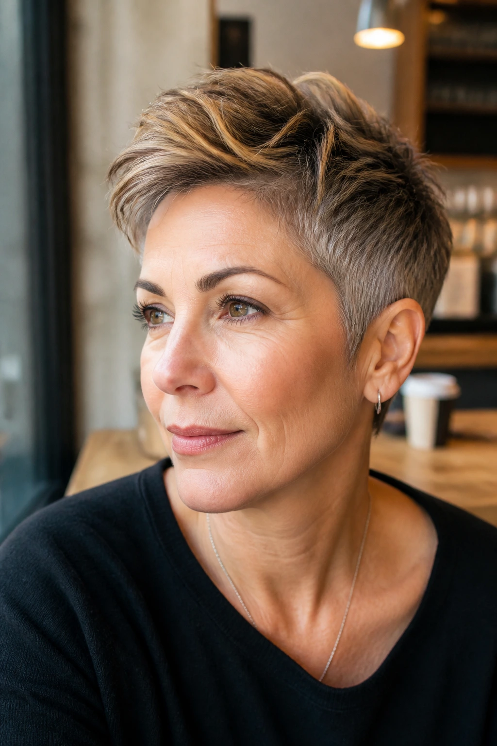 Portrait of a real woman with textured pixie and caramel crown lights, natural cafe lighting.