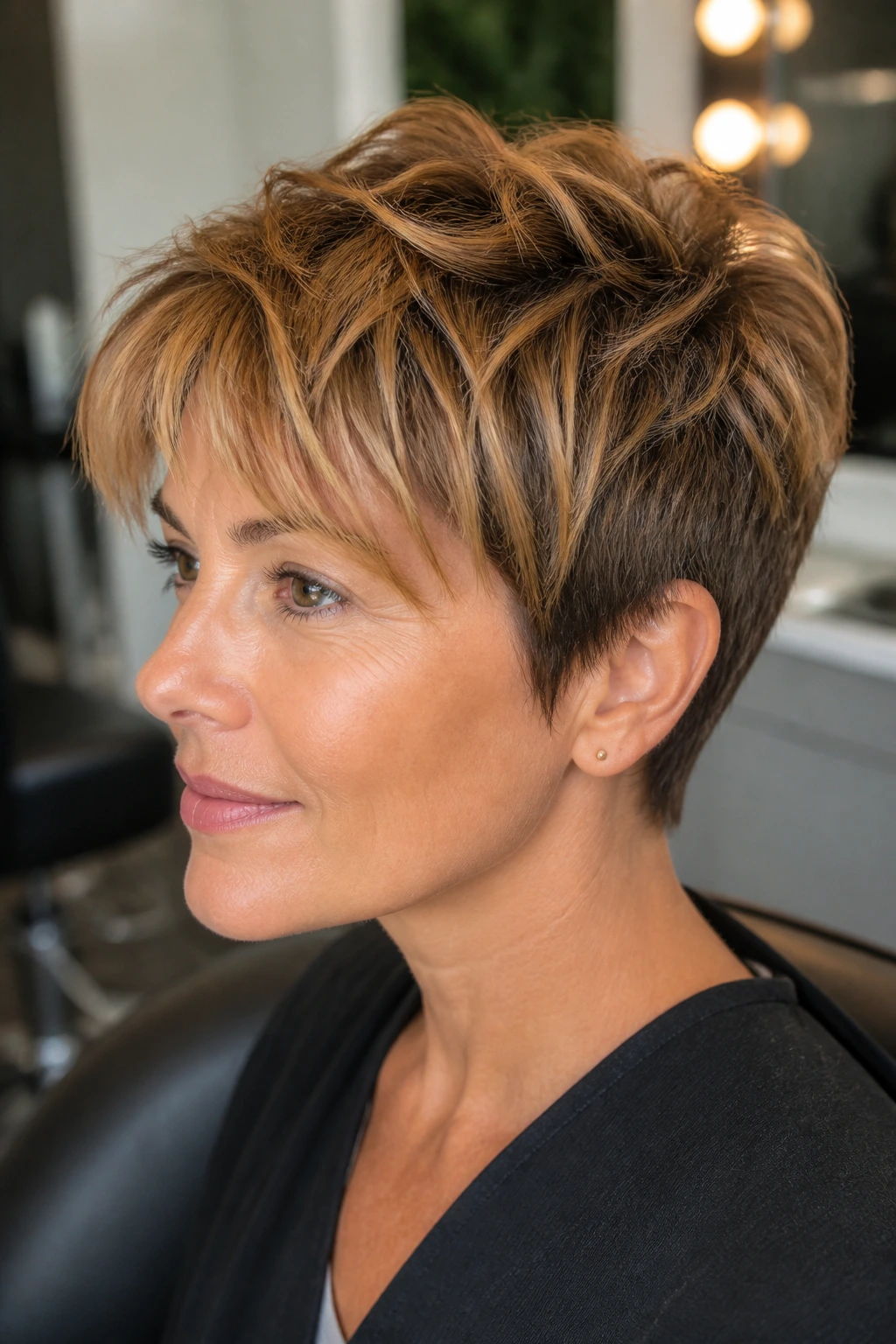 Close-up of a woman with a textured pixie and caramel feathering, showing crown lift