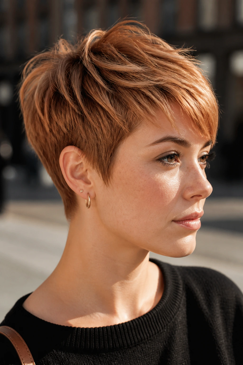 Close-up portrait of a real person with a textured pixie and copper lowlights in afternoon sun