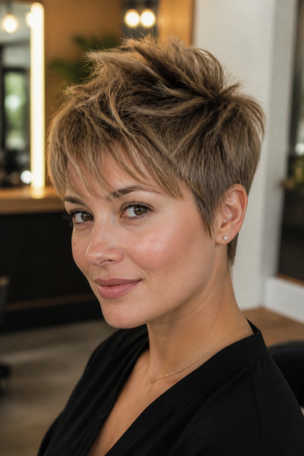 Close-up of a real person with textured pixie and crown lift hairstyle.
