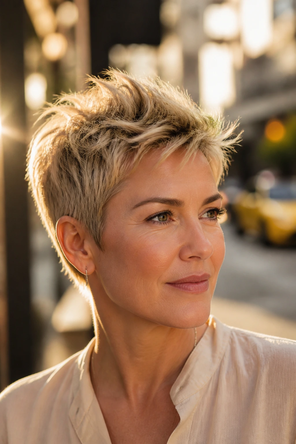 Real woman with textured pixie and crown lift close-up