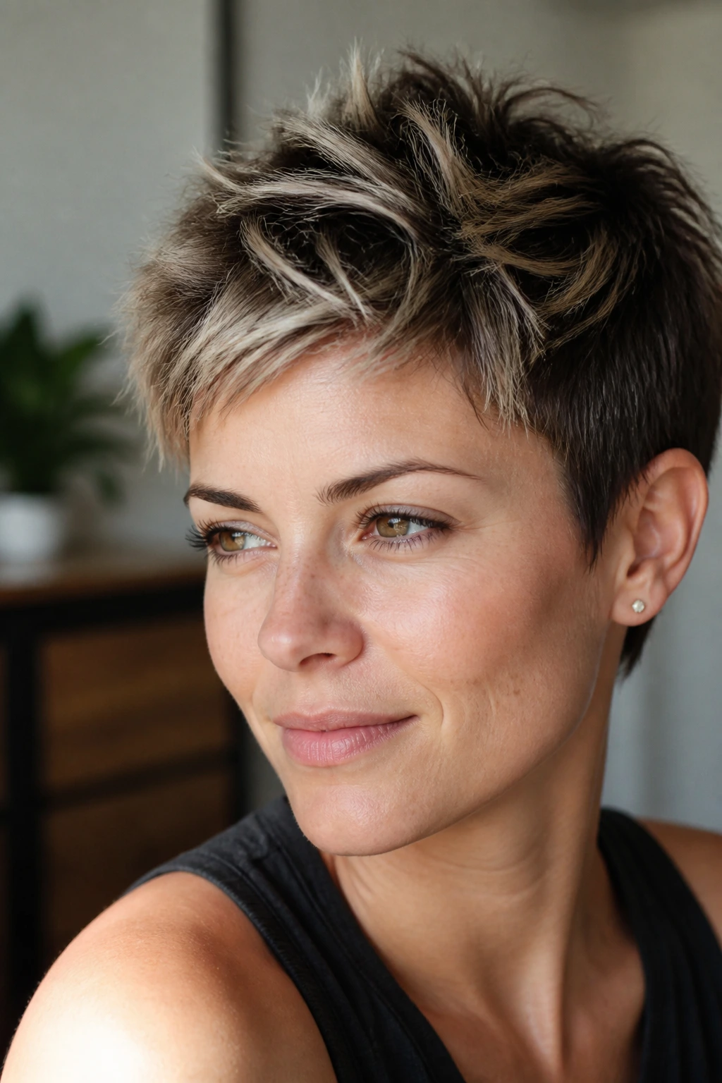 Close-up of a textured pixie with frosted crown tips on a real person