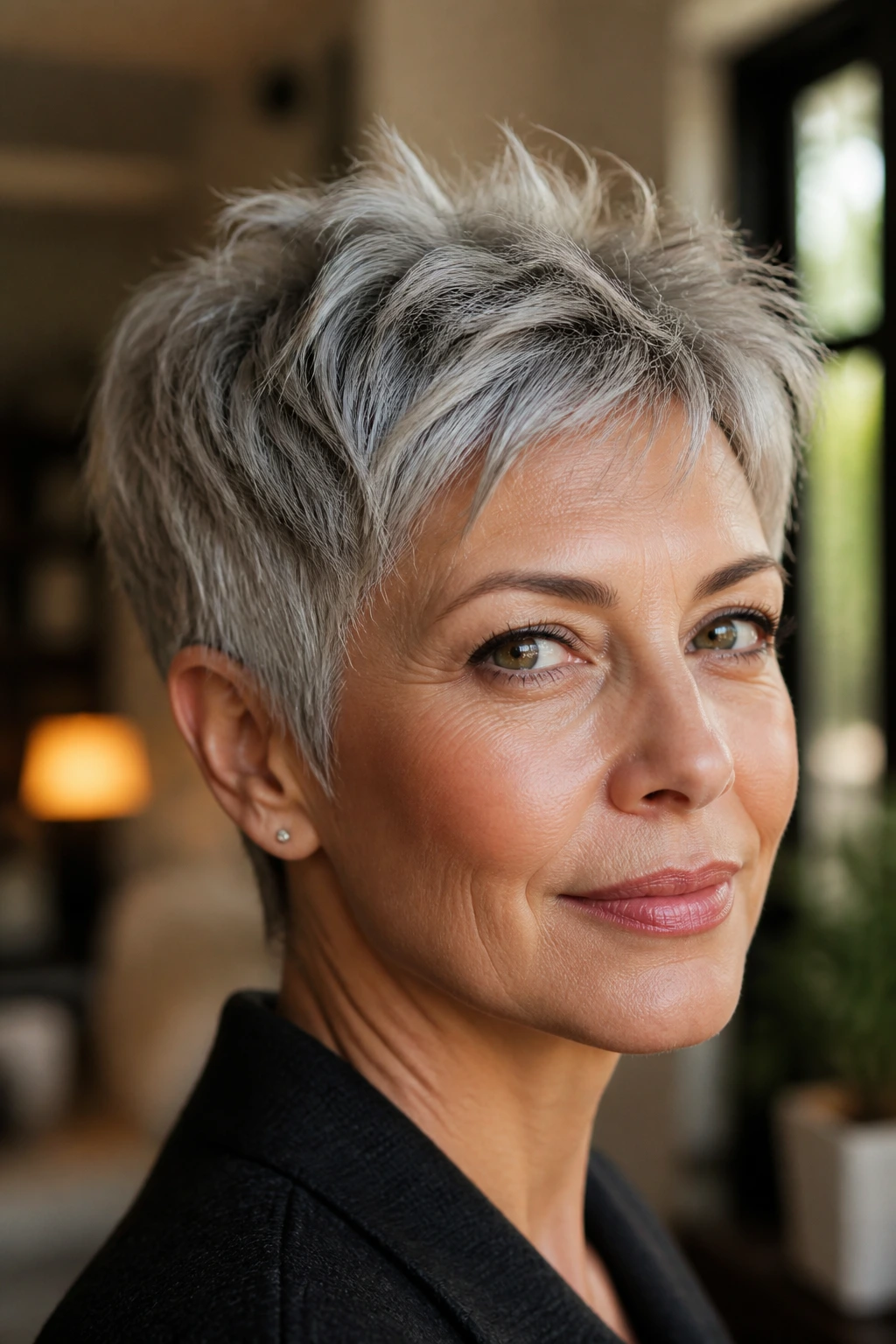 Close-up of a textured pixie with piecey top on a real person