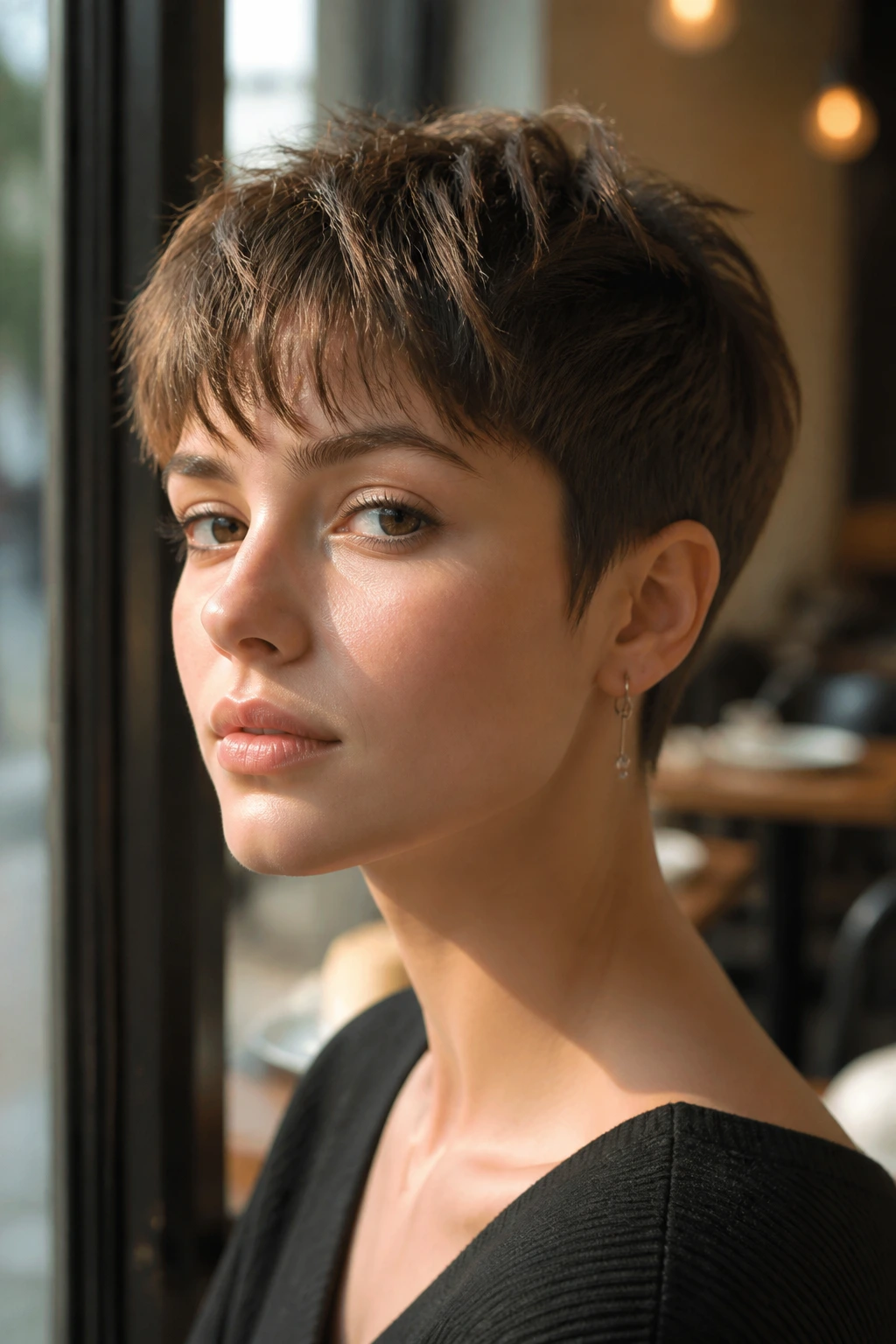 Portrait of a girl with a textured French pixie in sunlit cafe light.