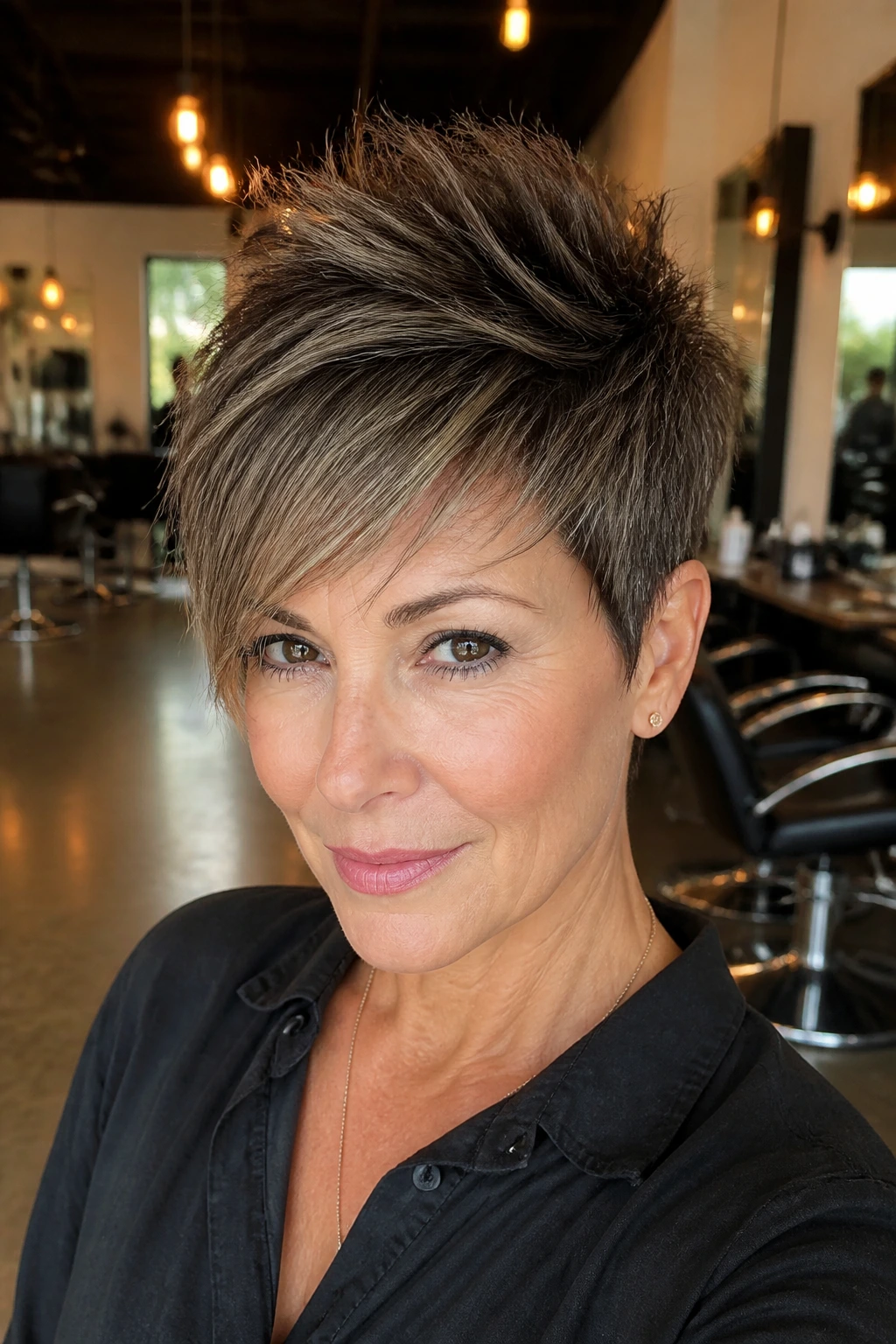 Close-up portrait of a real person with a textured pixie and height on top
