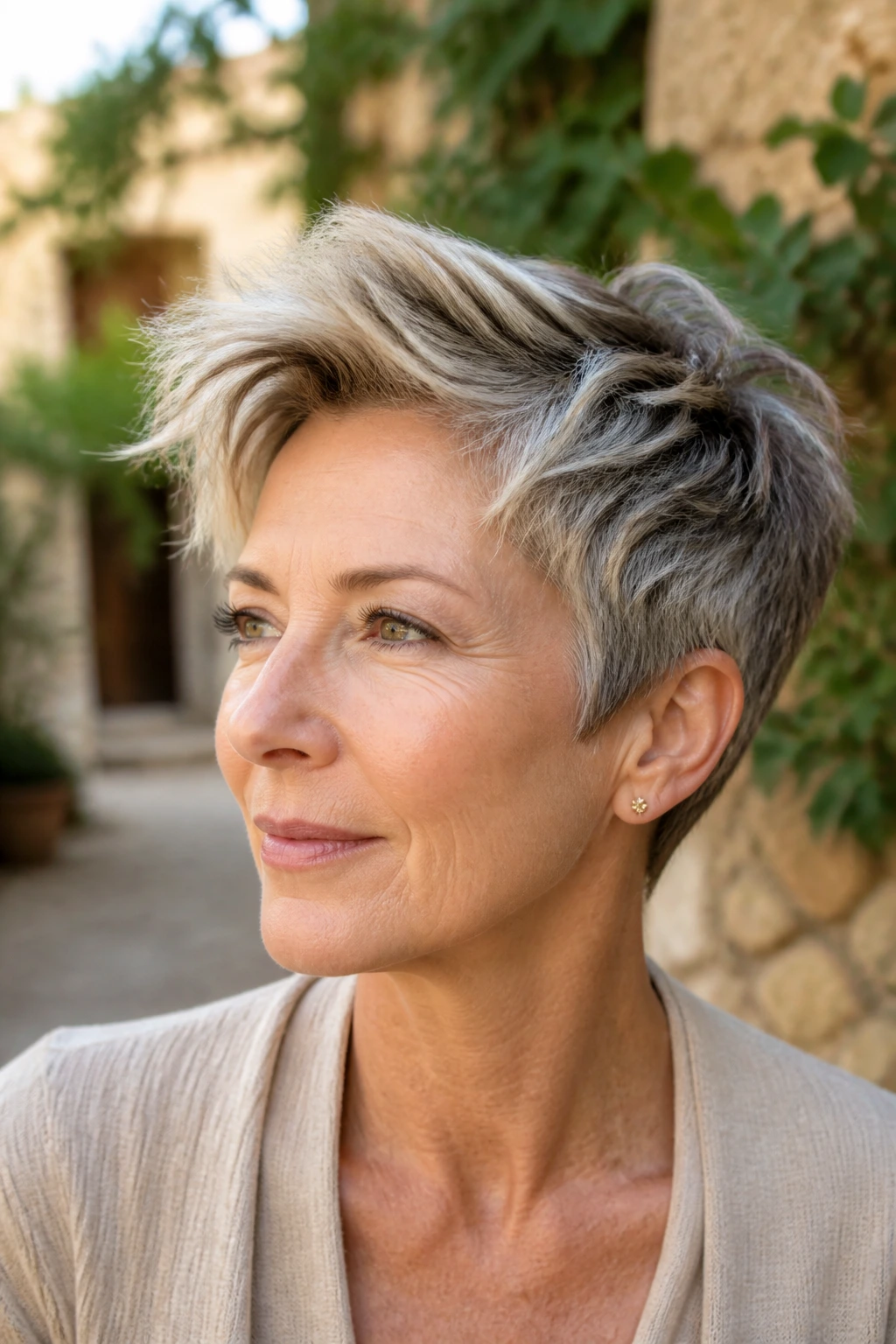 Portrait of a woman with textured pixie and long top in an outdoor courtyard