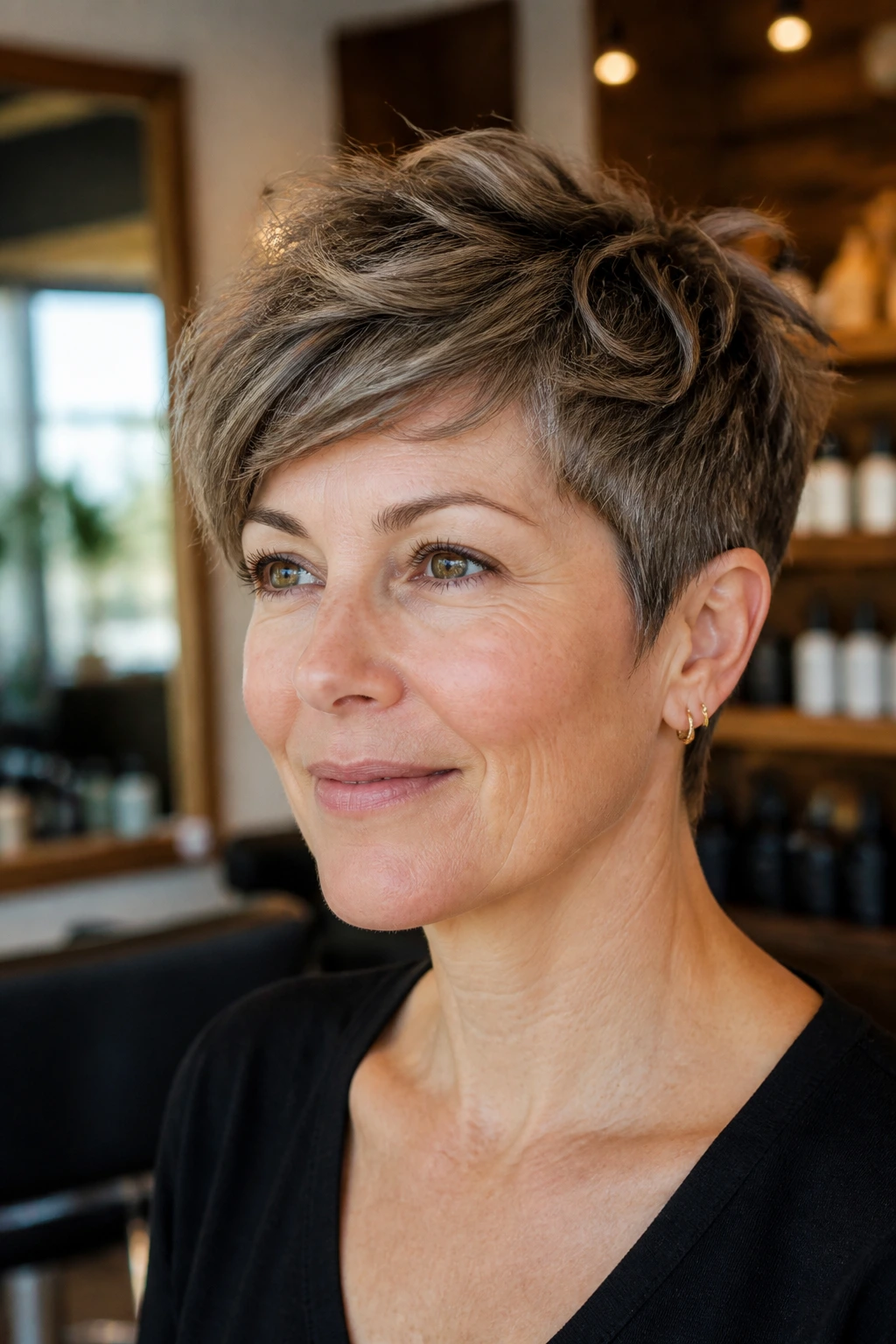 Close-up of a real woman with textured pixie and a longer crown showing lifted, textured top.