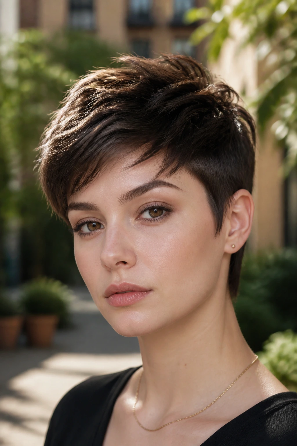 Close-up of a real person wearing a textured pixie with a longer top; hair texture evident