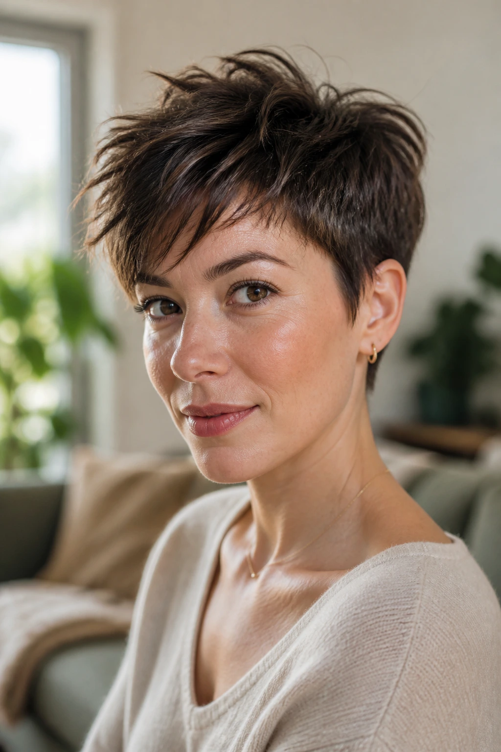 Portrait of a woman with a textured pixie and longer top in a sunlit room