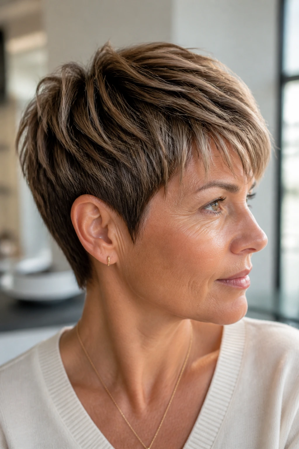 Portrait of a real woman with a textured pixie and micro-babylights