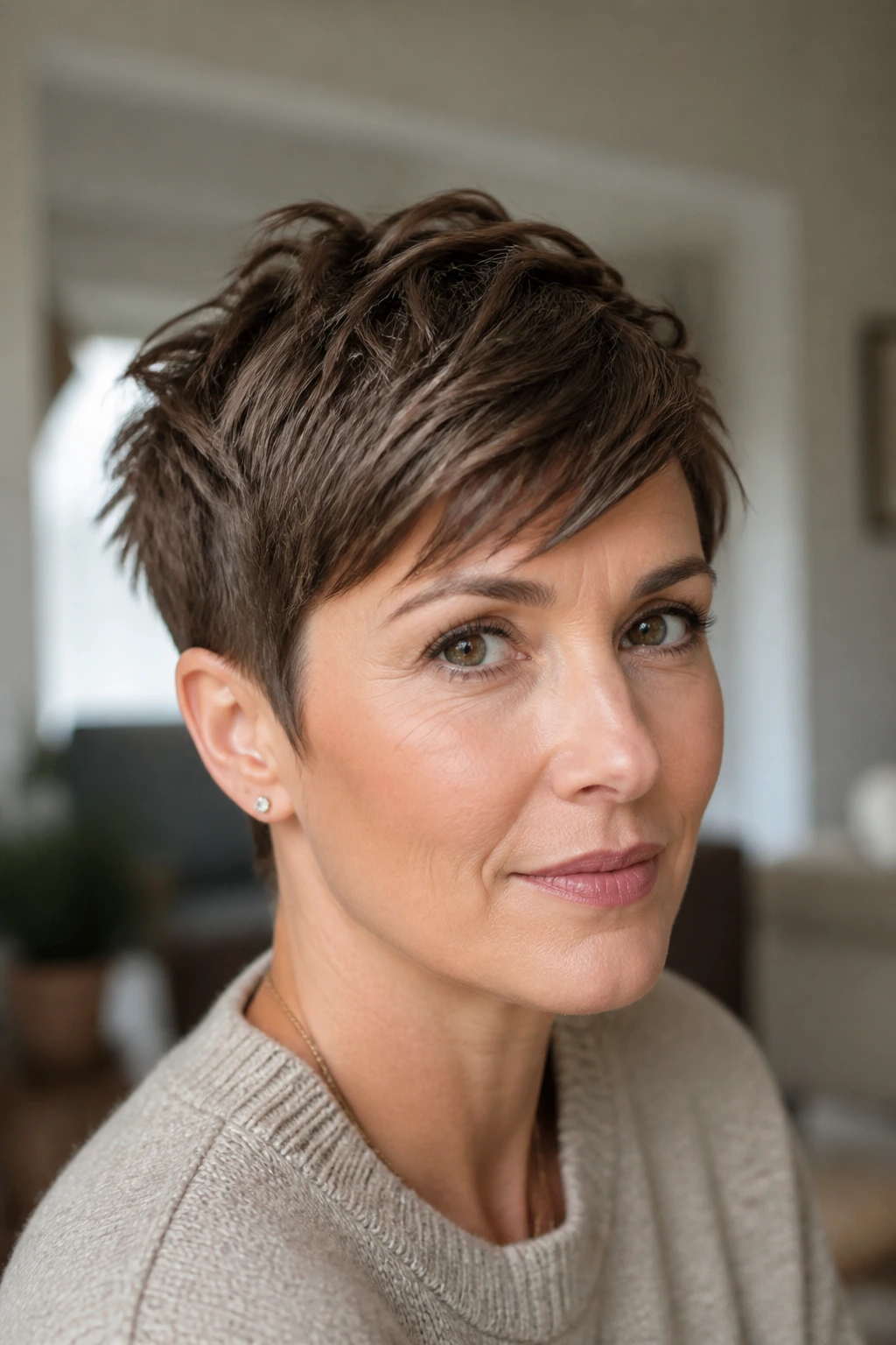 Close-up portrait of a person with a textured pixie cut using matte paste
