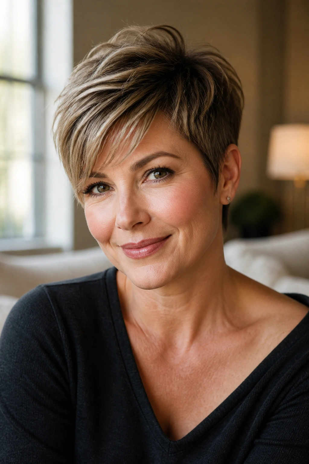 Portrait of a woman with textured pixie and side-swept volume