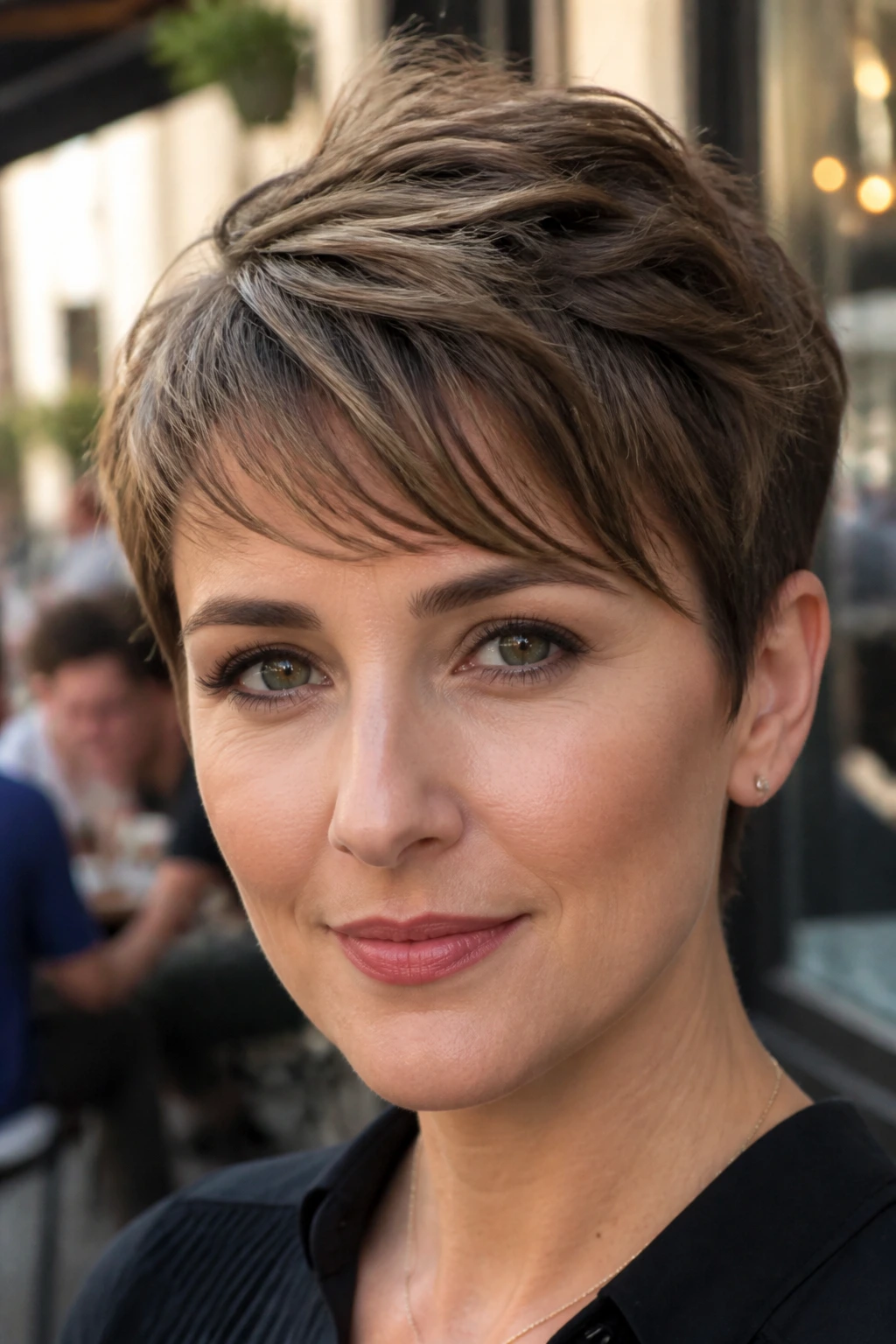 Portrait of a person with a textured pixie and swept fringe in daylight