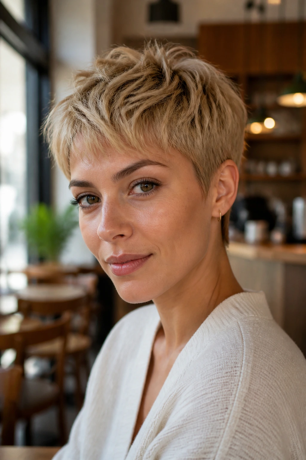 Close-up of a real person with a textured wheat blonde pixie