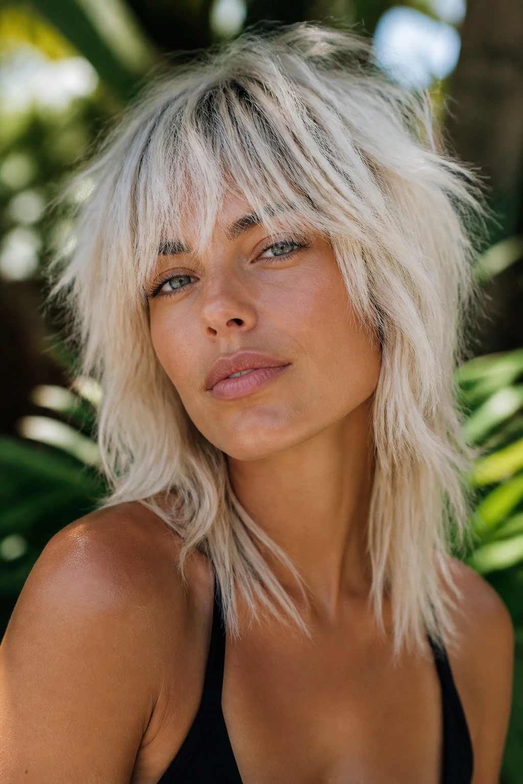 Portrait of a person with textured platinum shag hairstyle