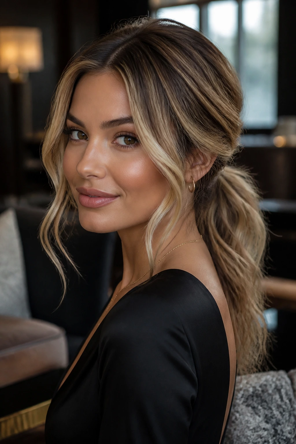Close-up of a woman with a textured low ponytail and loose tendrils framing the face