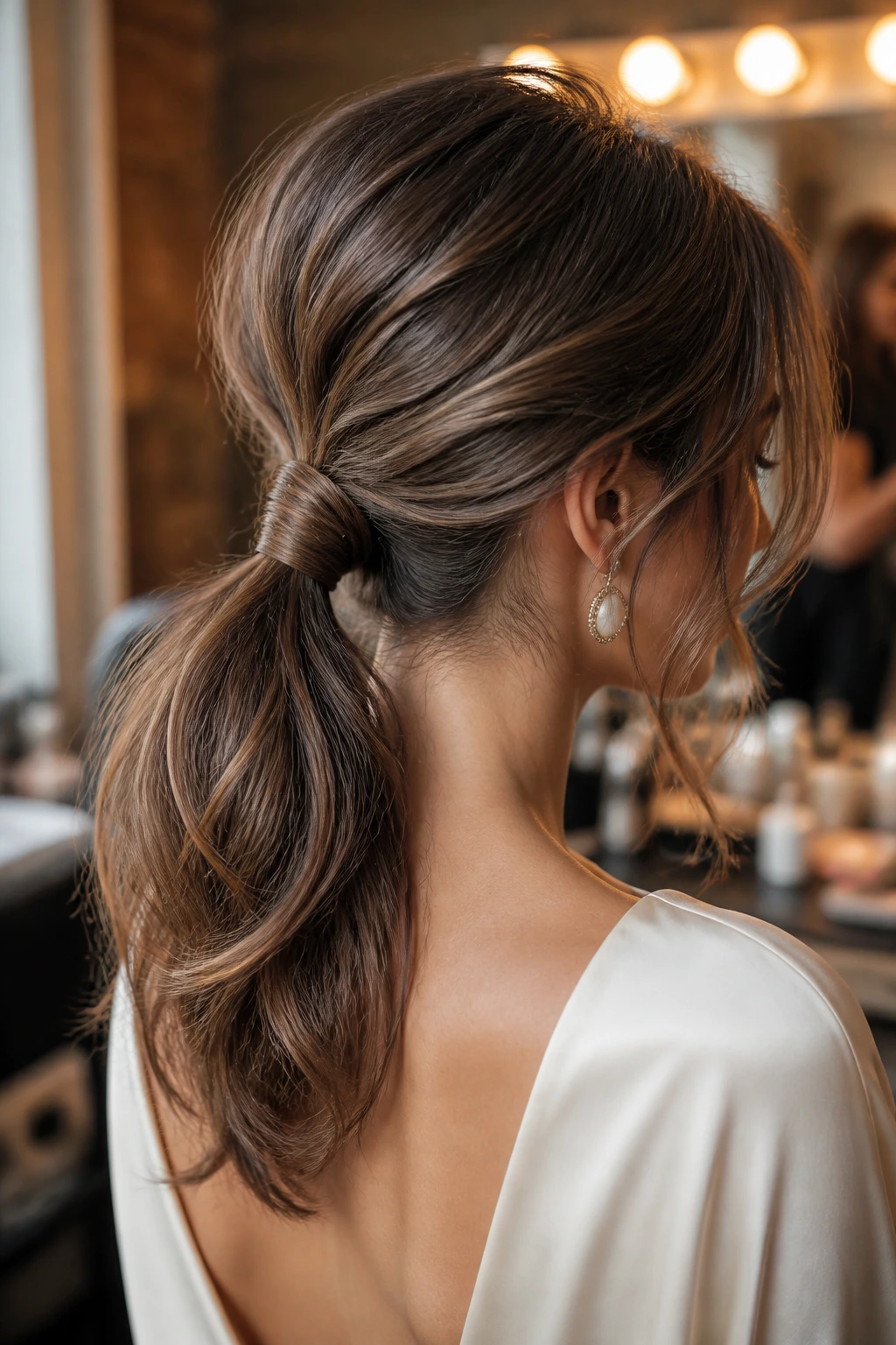 Close-up of a woman with a textured low ponytail wrapped at the base in a backstage event setting