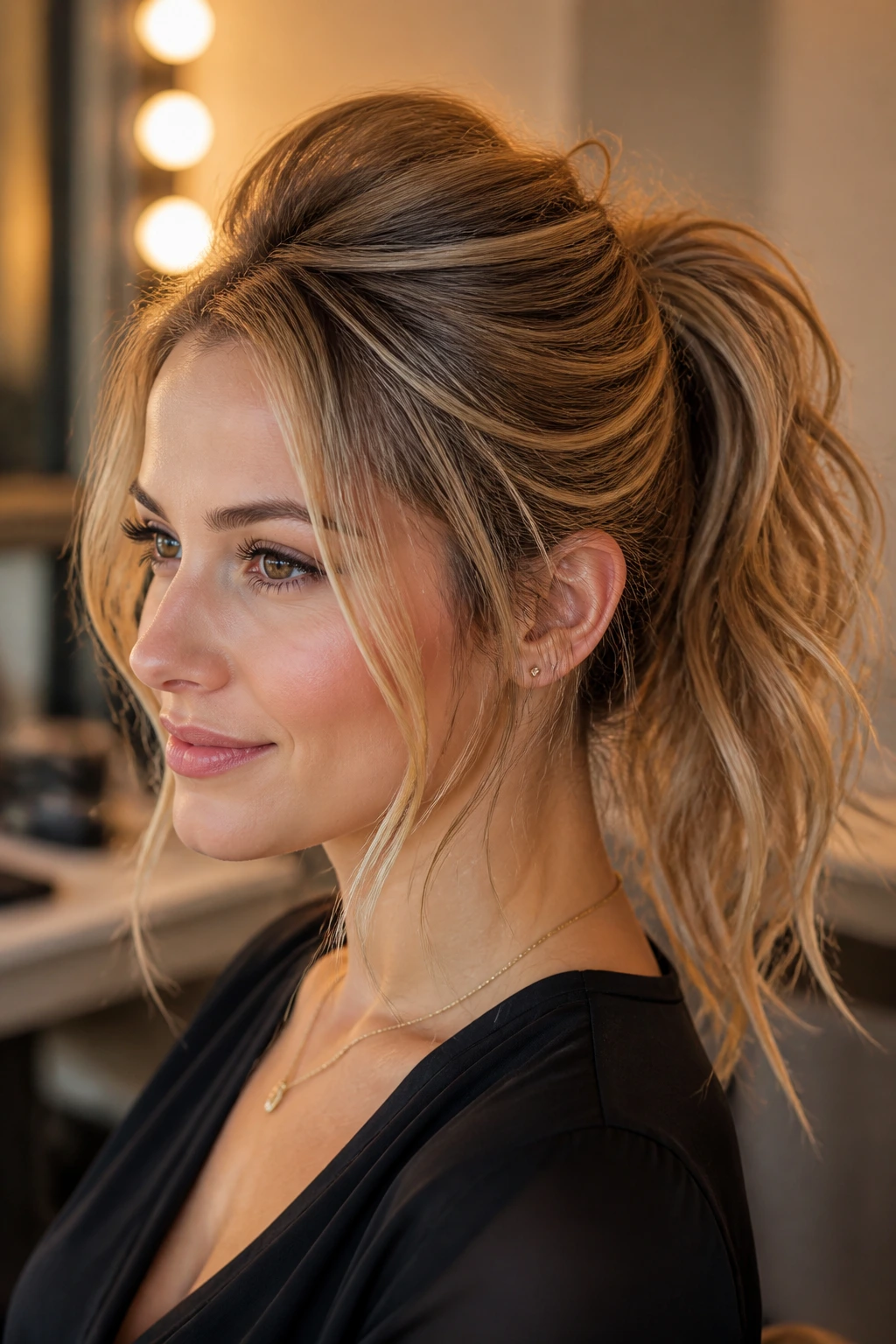 Real woman with a textured ponytail and a subtle crown pouf.