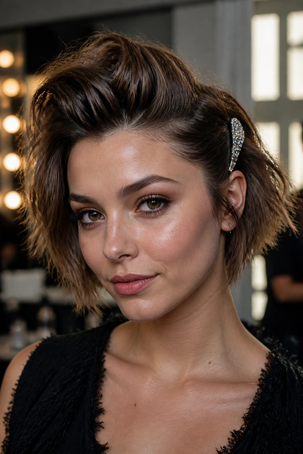 Close-up of a real woman with a textured quiff and a sparkle clip