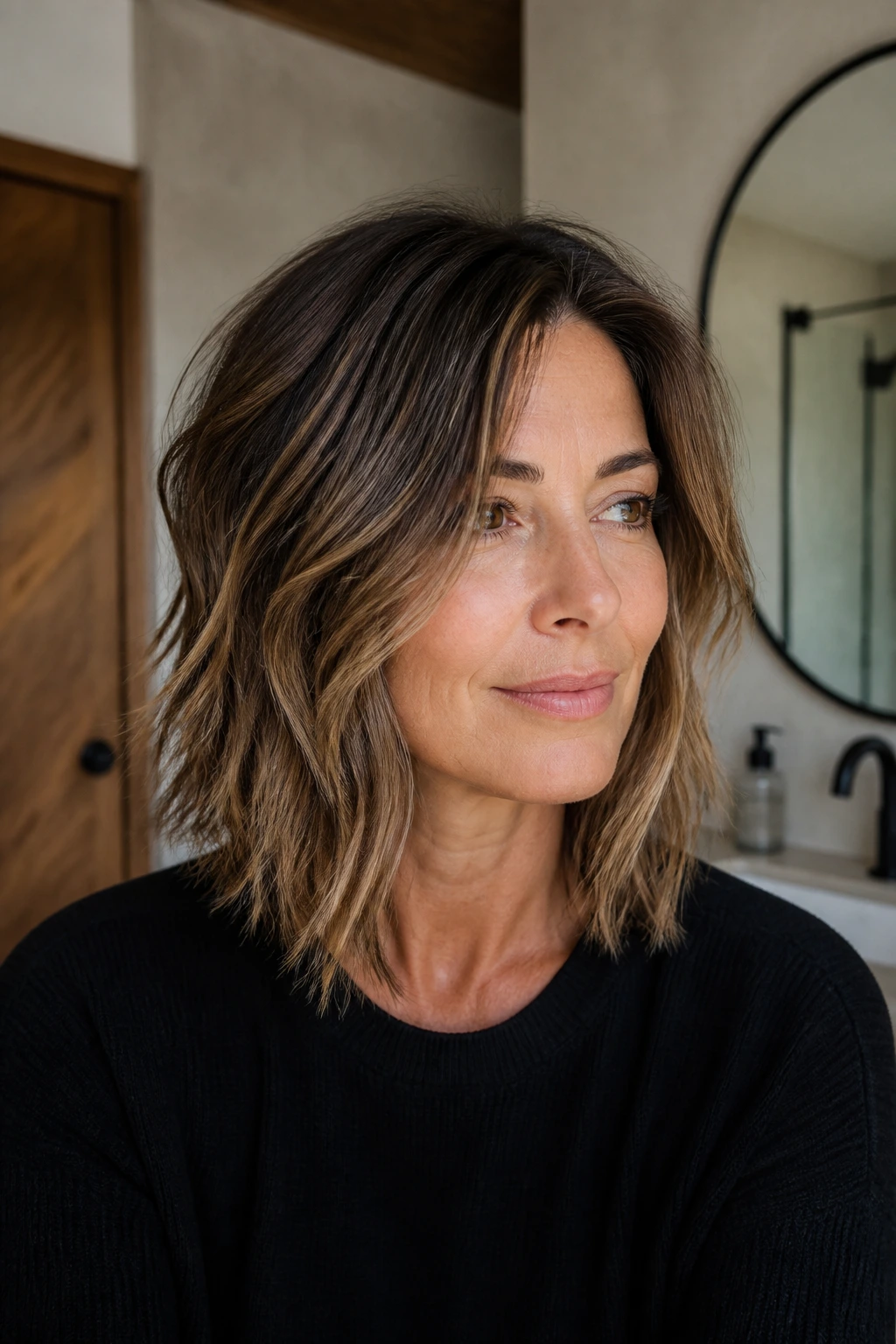 Medium close-up of a real woman with textured razor lob on thick hair