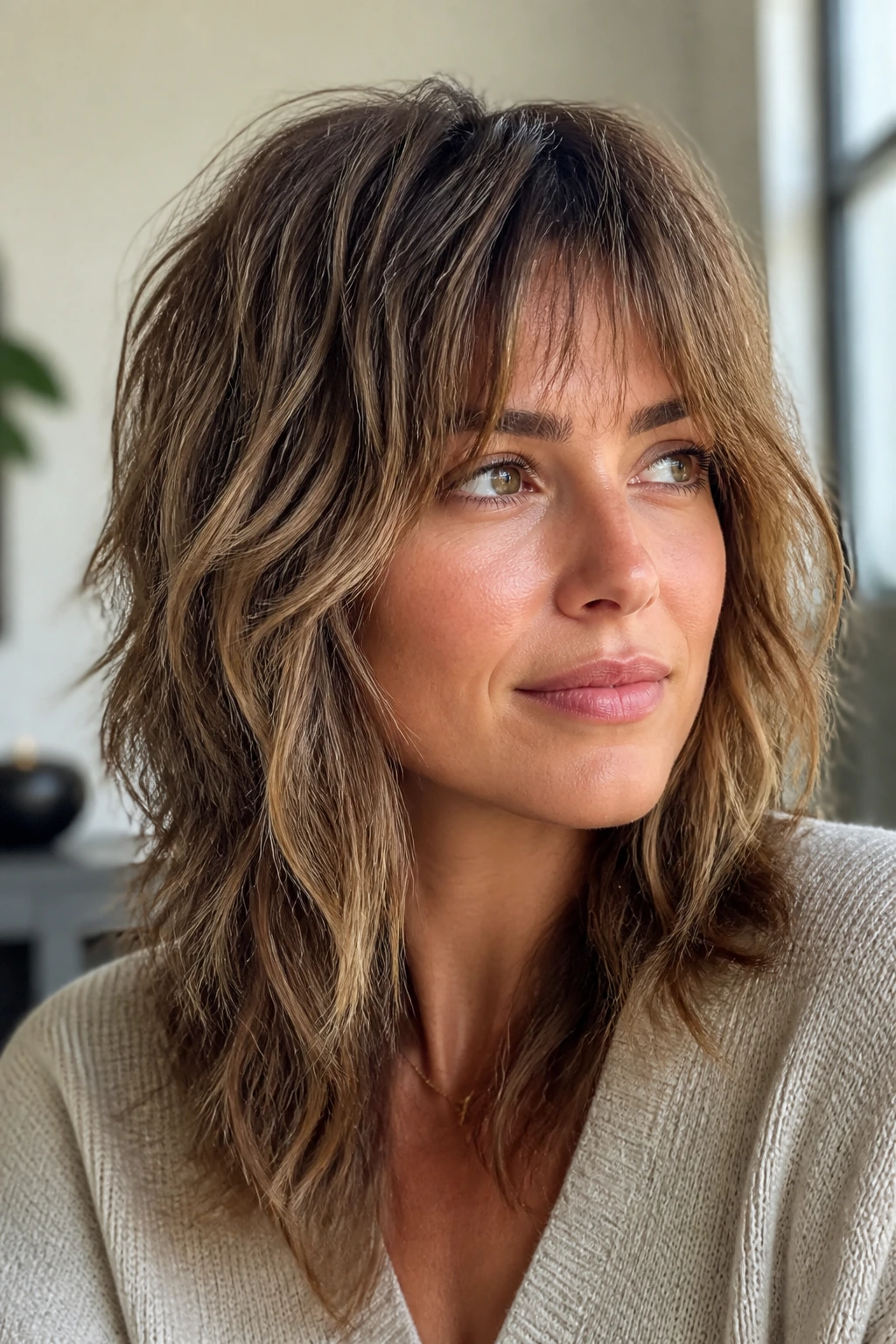 Close-up of a real person with textured shag and airy babylights