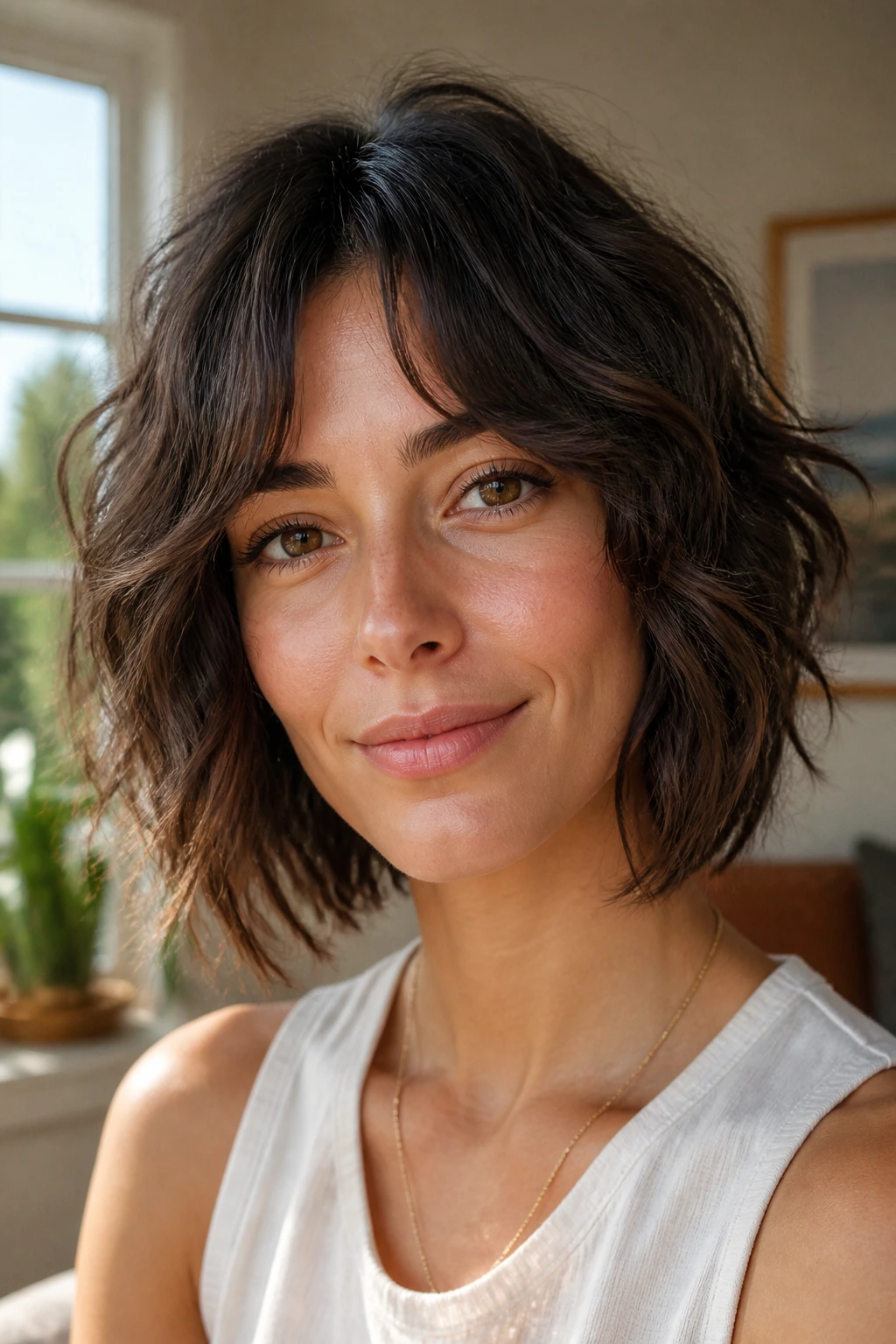Close-up of a real woman with textured shag bob and piecey ends in soft window light