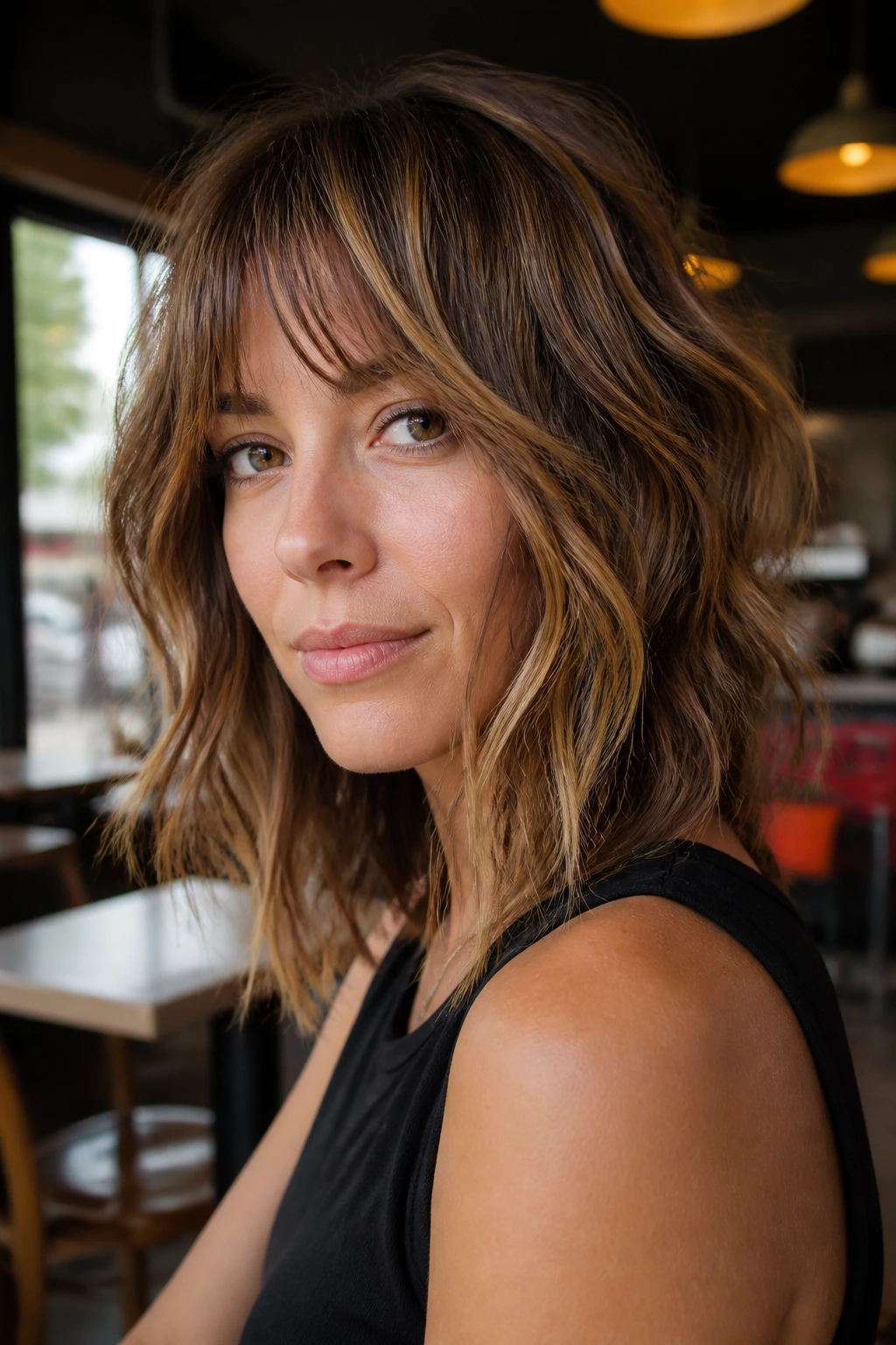 Brunette textured shag hairstyle with caramel lowlights, close-up.