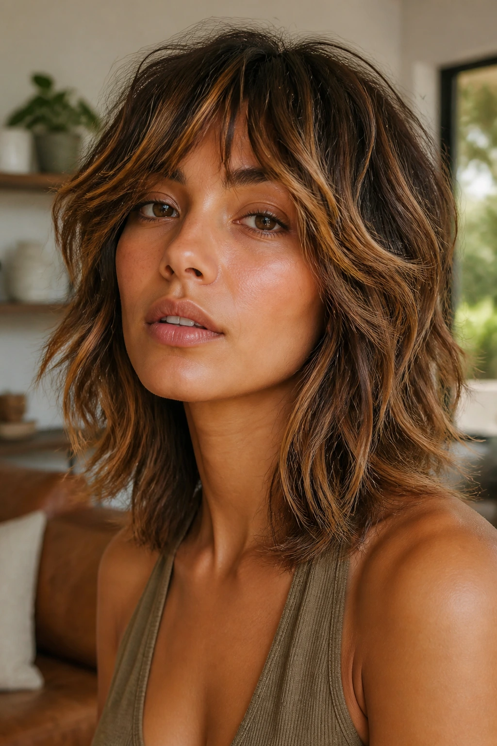 Close-up portrait of a real woman with textured shag and warm caramel ribbons in natural light