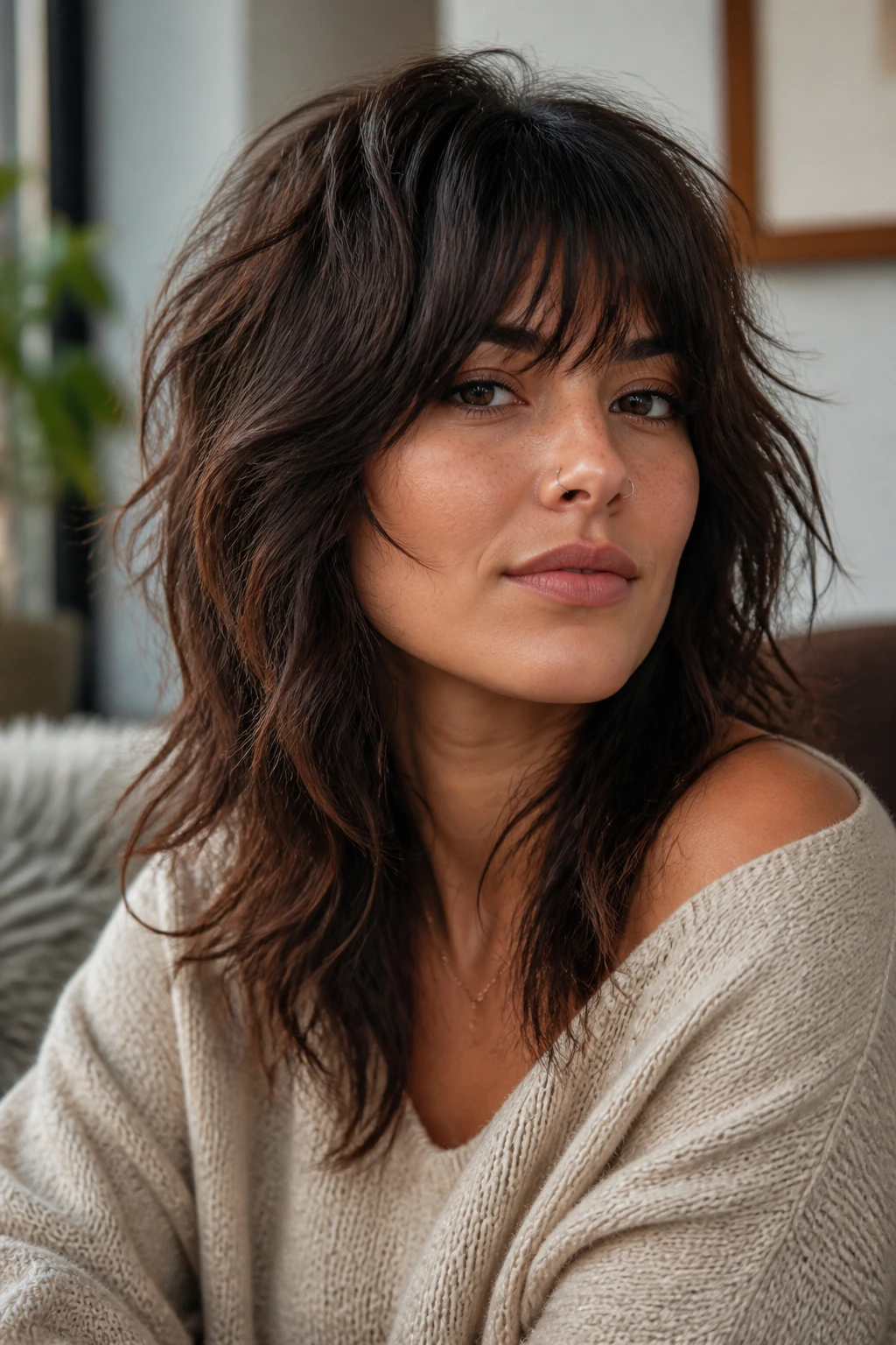 Close-up of a woman with textured shag and cheekbone fringe.
