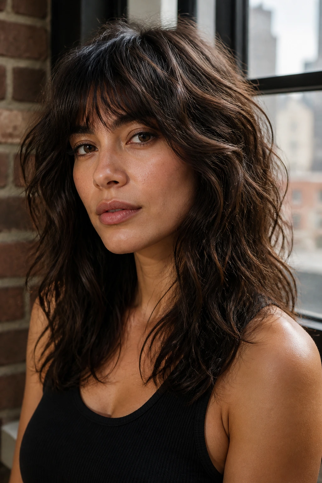 Portrait of a woman with textured shag in chocolate brown