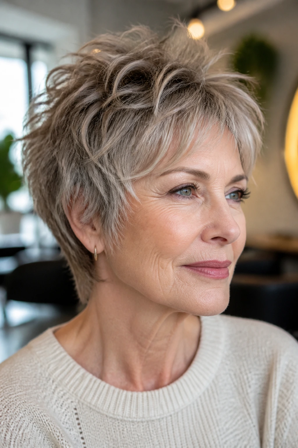 Close-up of a real woman with textured shag crop and movement