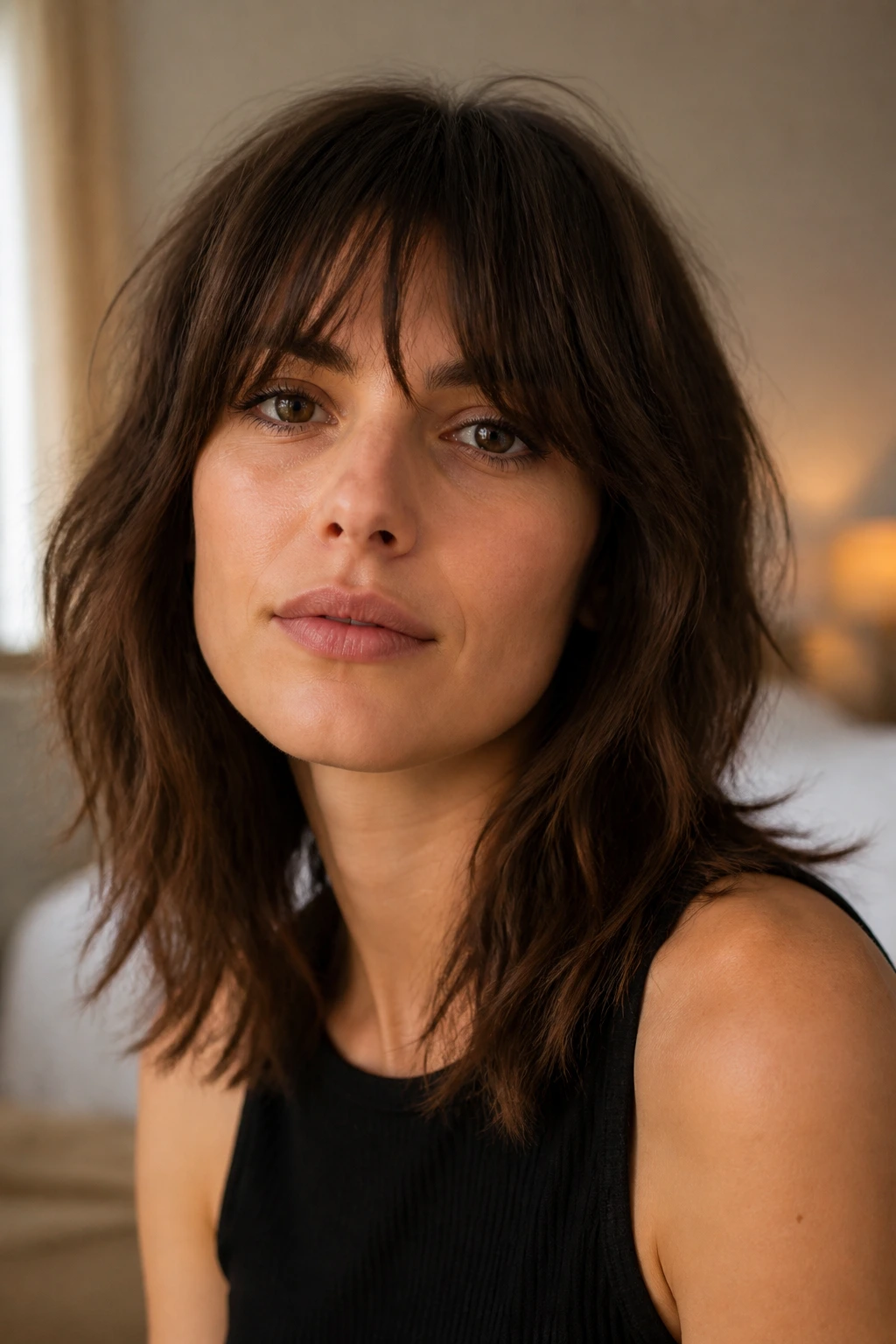 Close-up of a woman with textured shag and airy fringe on brown hair