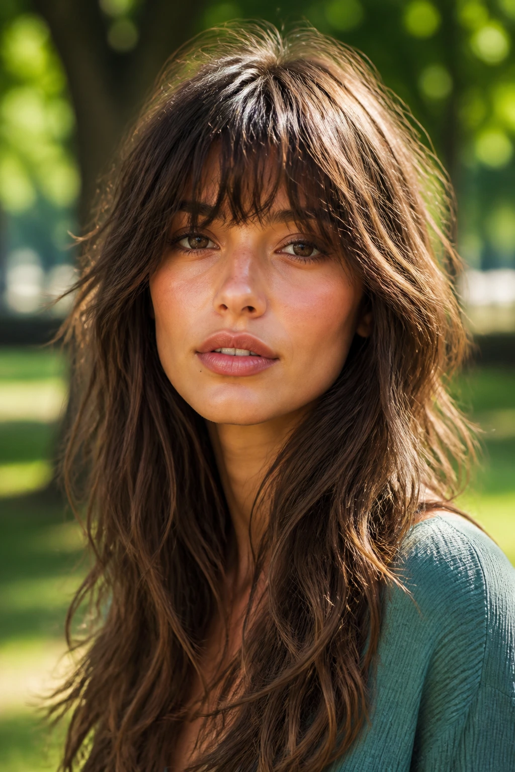 Real woman with textured shag fringe in a park setting