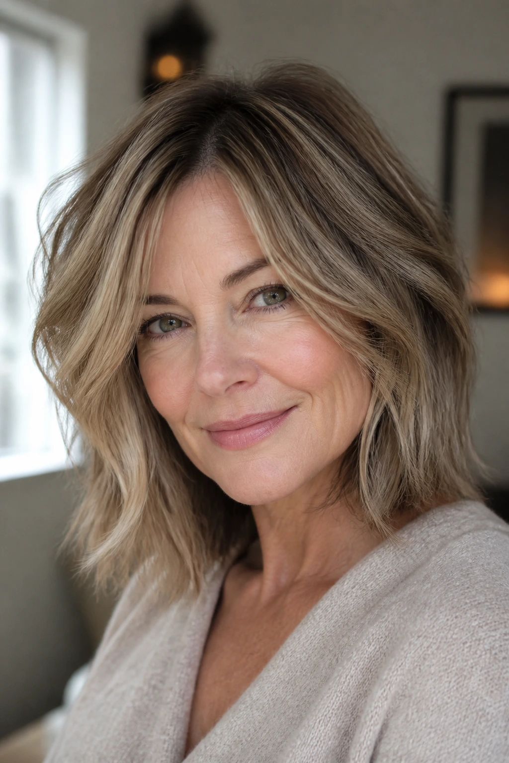 Portrait of a real woman with a textured shag lob and crown lift.