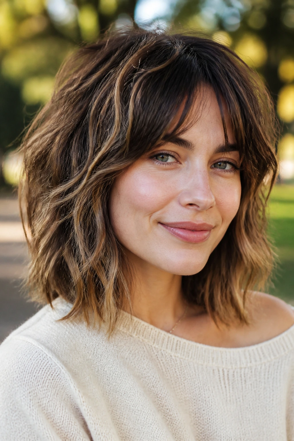 Real woman with textured shag lob in outdoor setting.