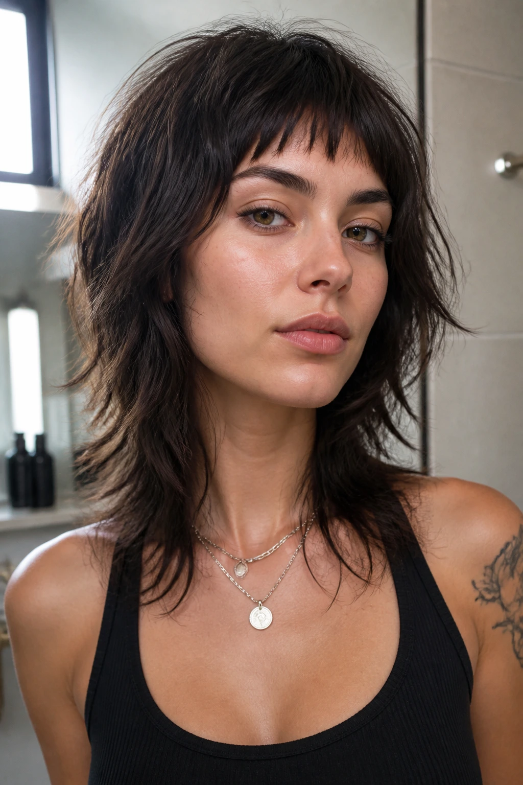 Portrait of a real person with micro bangs and choppy layered shag
