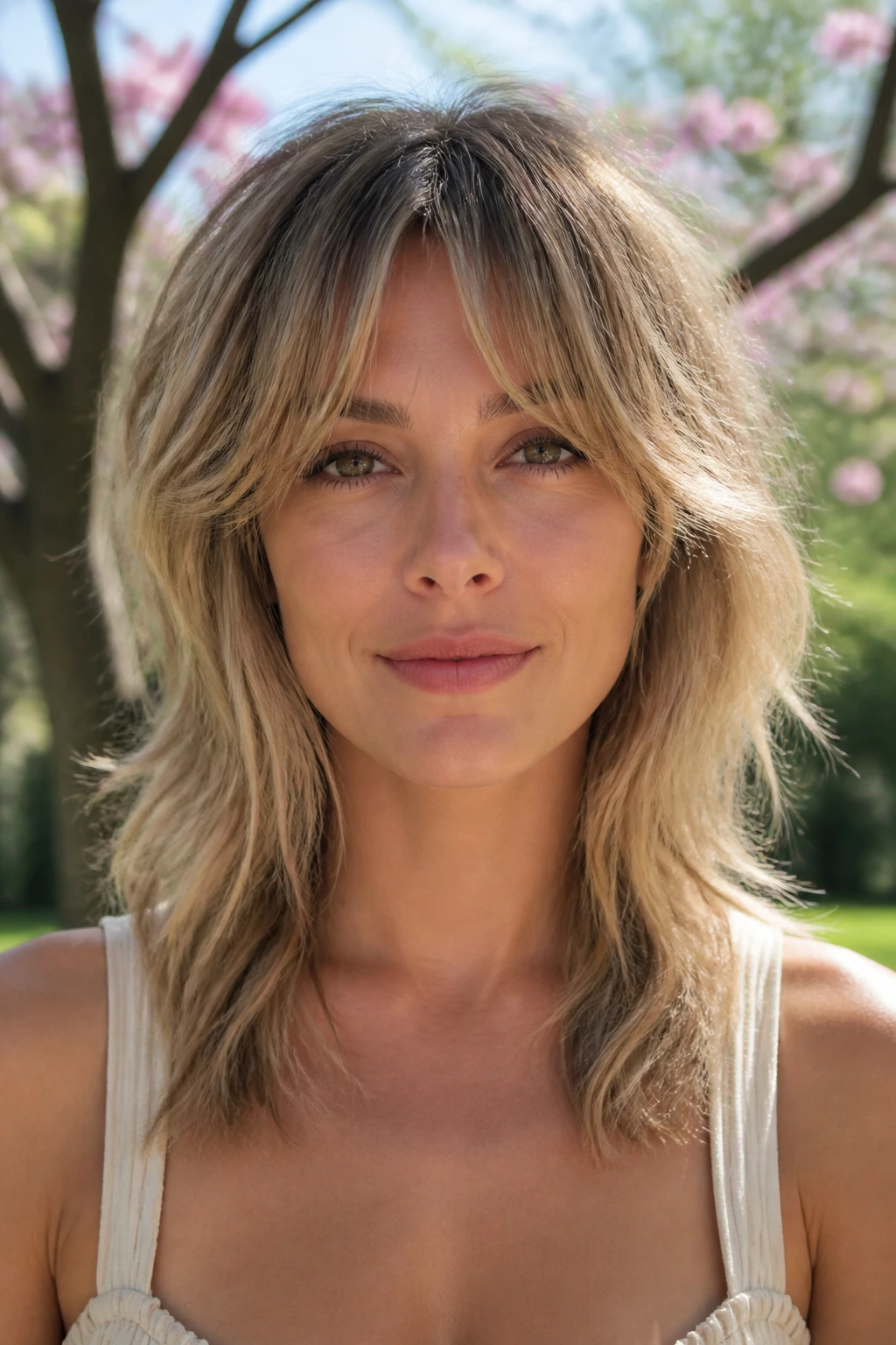 Close-up portrait of a real woman with textured shag and piecey bangs
